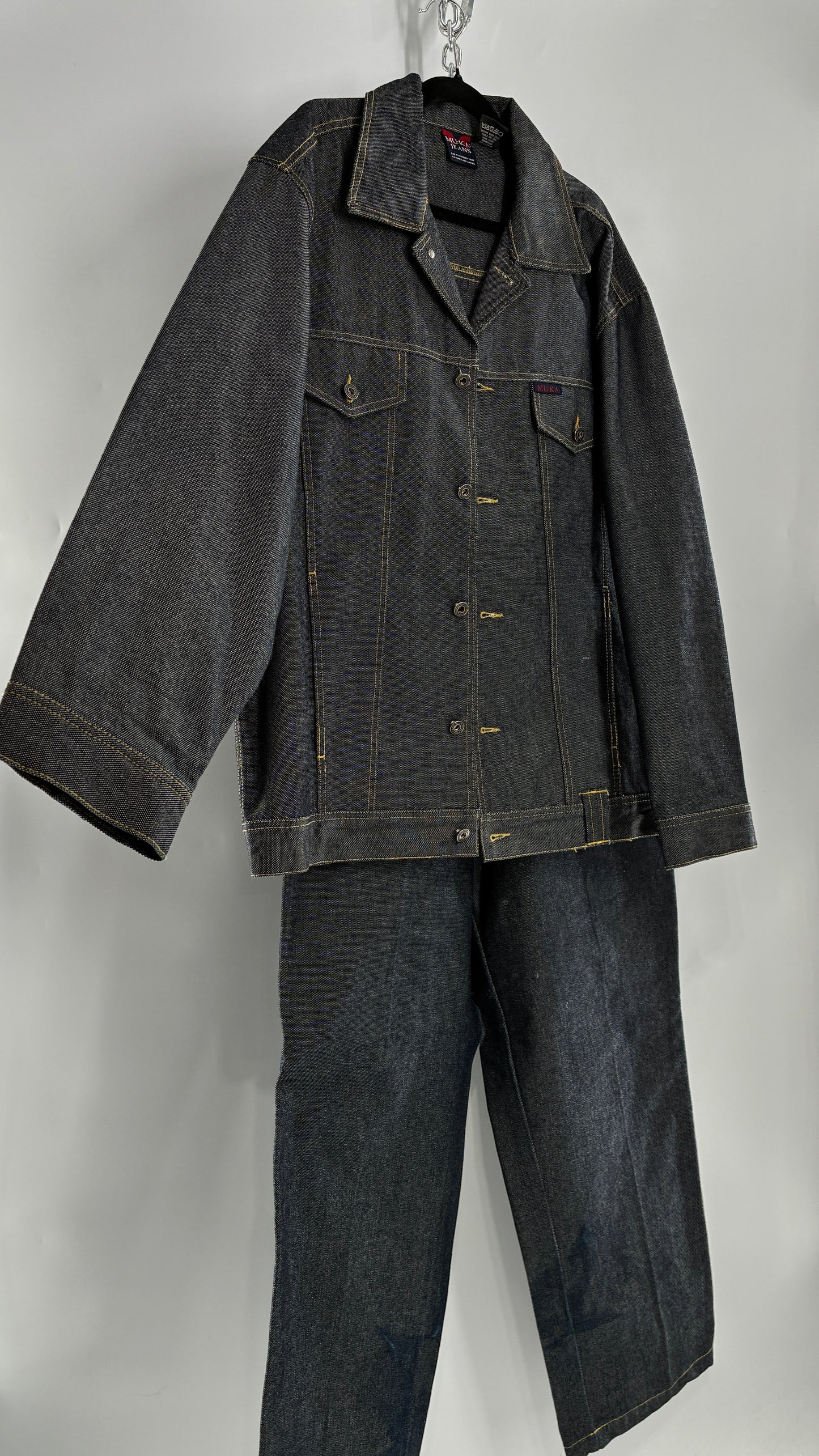 Vintage 1990s MU:KA: JEANS Men’s Dark Wash Japanese Style Denim Baggy Straight Legs and Oversized Jacket Set (L, 32x32)