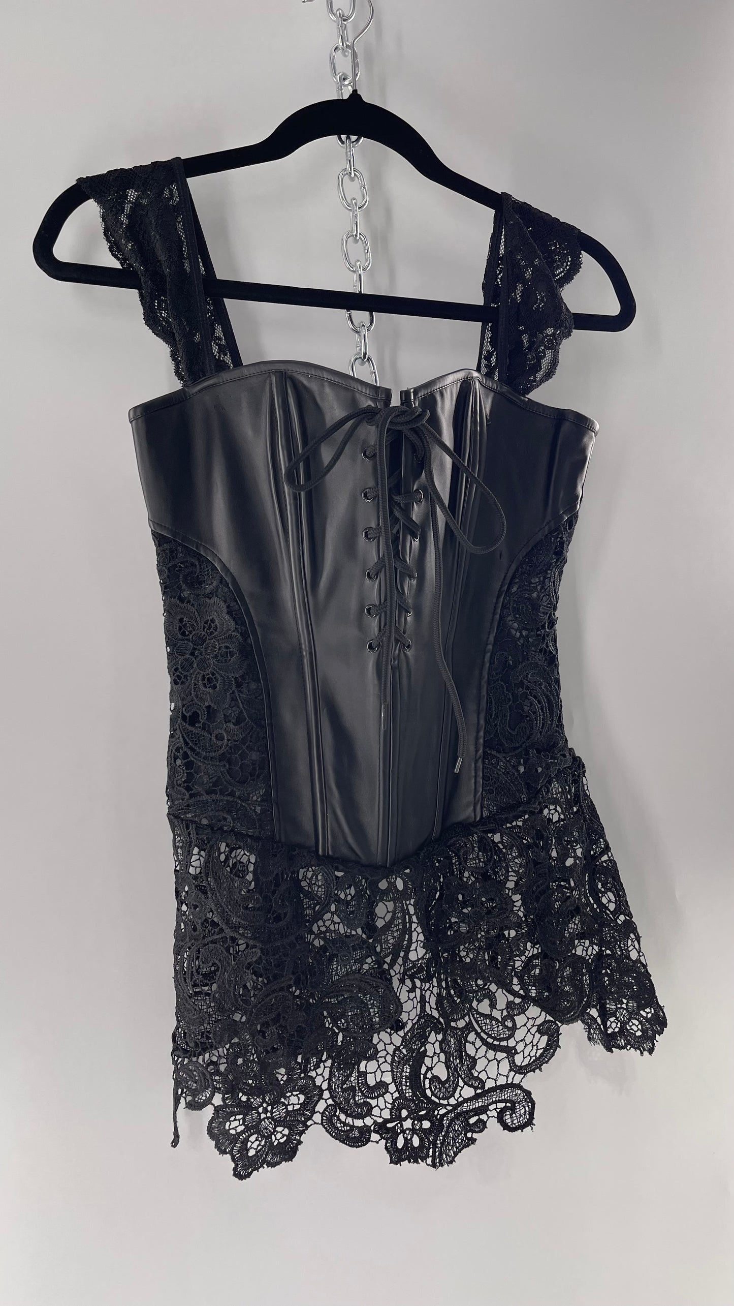 Black Vegan Leather/Lace Corset with Tie Front Details and Cap Sleeve (Large)