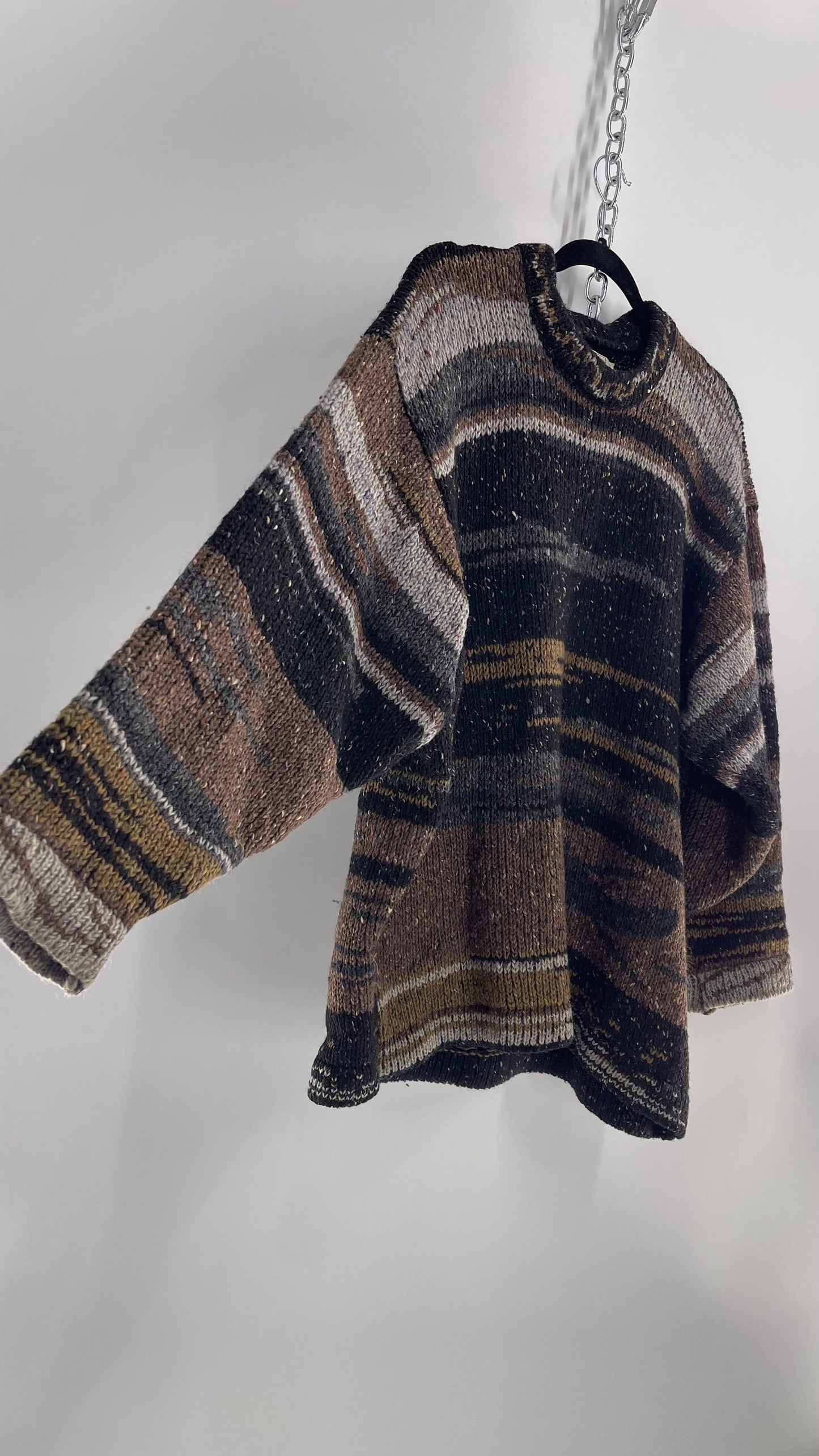 Siochain Knitted in Co Wicklow Ireland Brown Gray Black Brown Stripes Thick Sweater (Large)