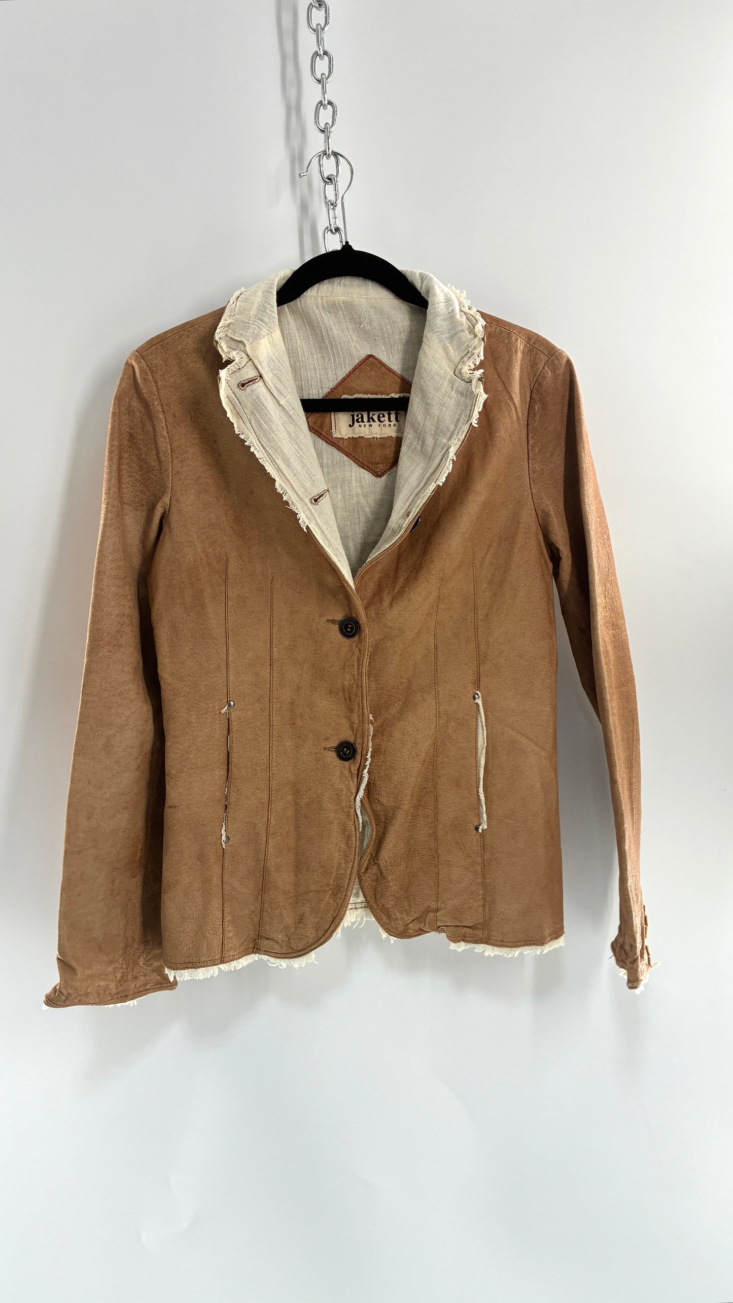 Vintage JAKETT Tan Leather Jacker with Cotton Raw Edge Trim+ Lining and buttoned Cuffs (Medium)