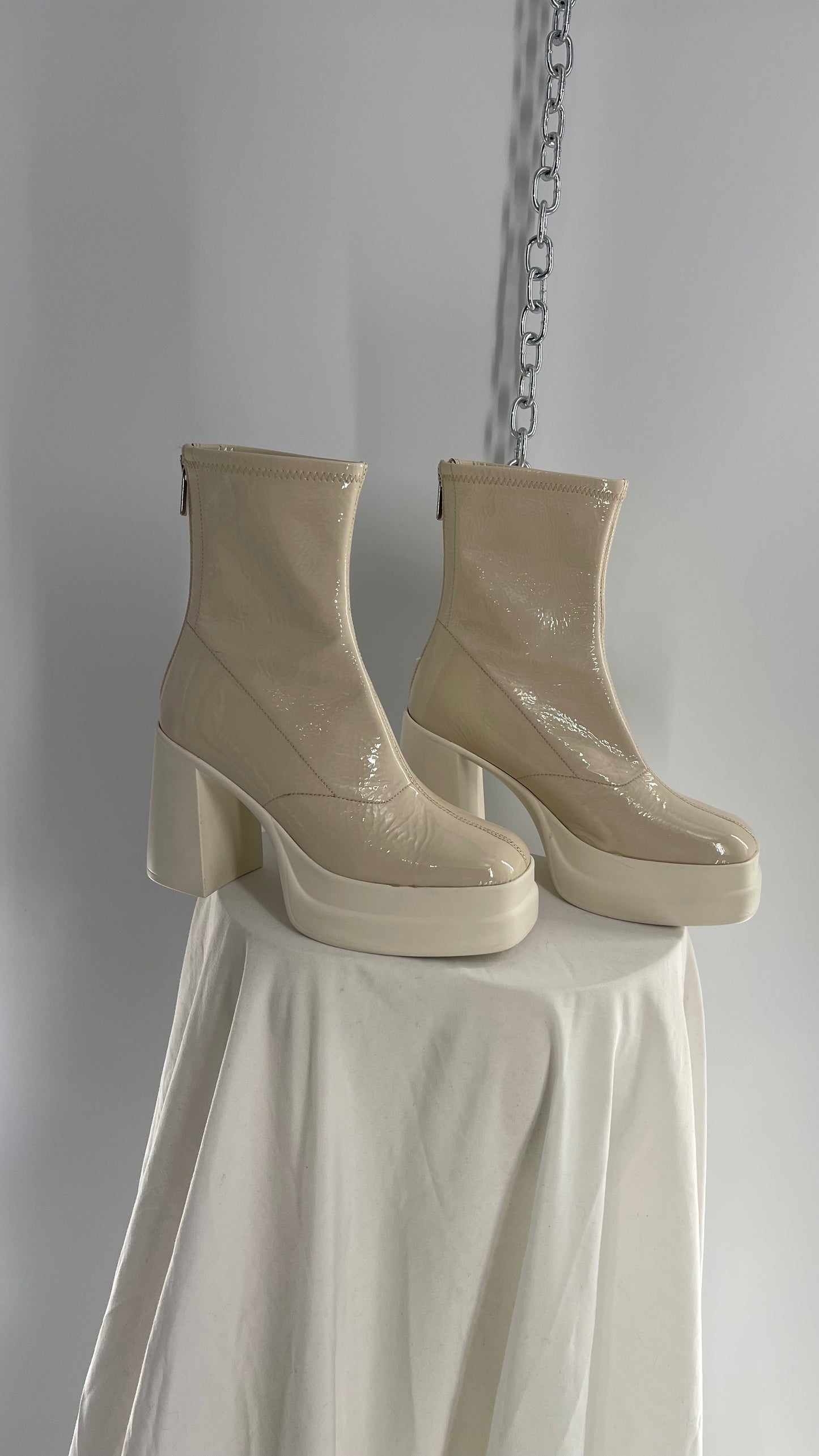 Free People Double Stack Y2k 90s Platform Off White/Cream Leather Boots (37)