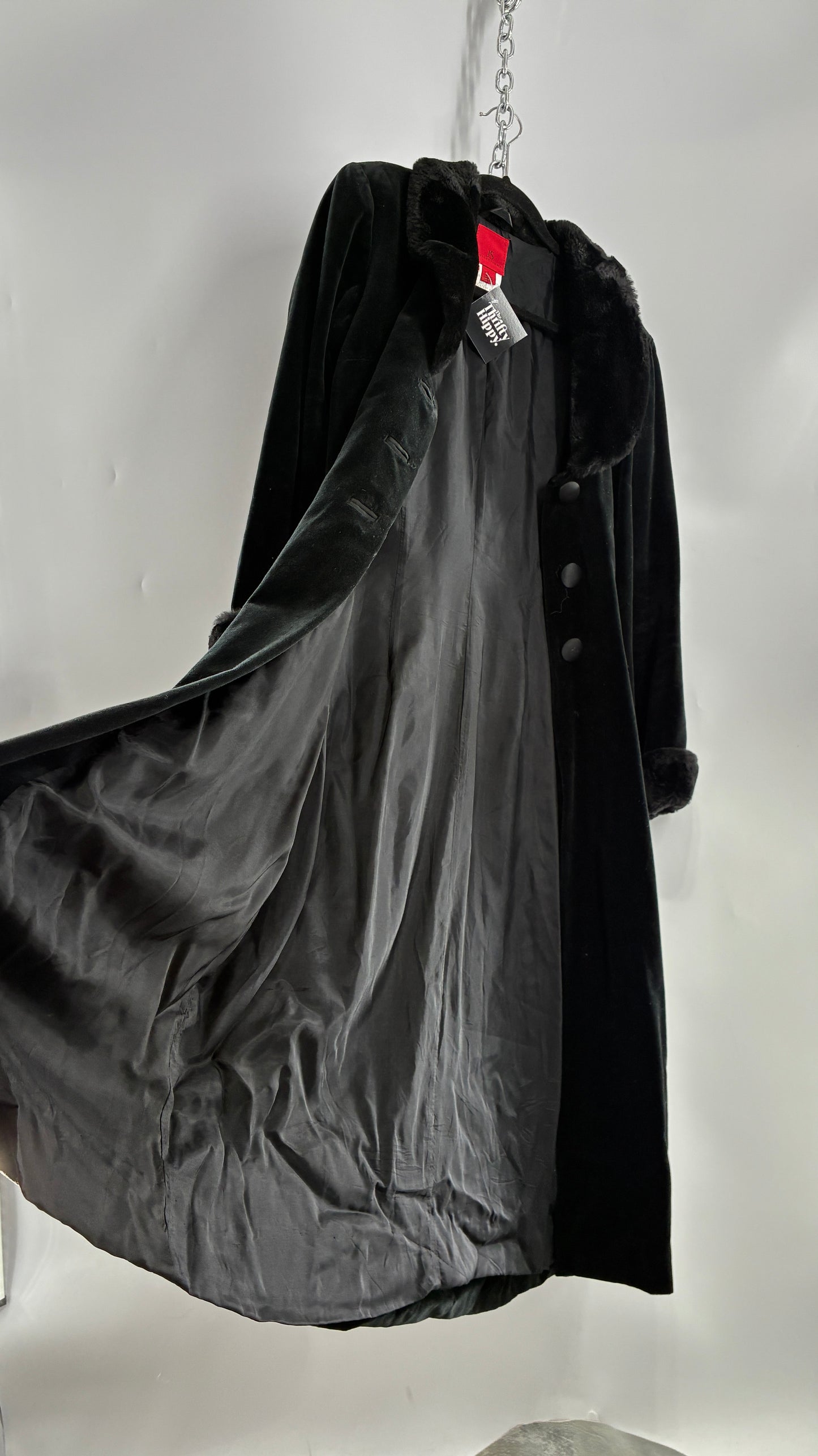 Vintage JS Collection Velour Duster Coat with Deep Neckline, Vegan Fur Collar and Cuffs (Large)