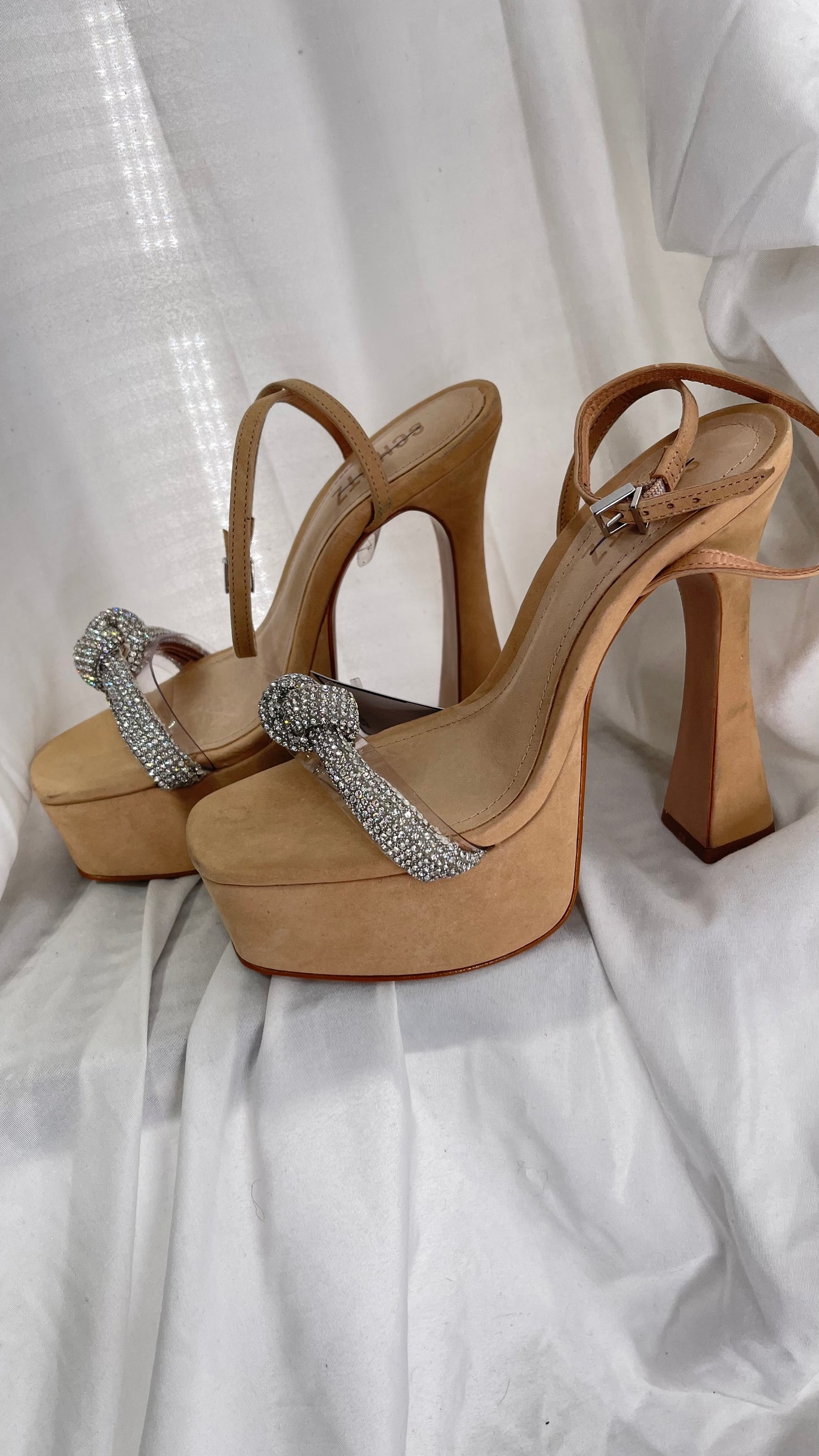 SCHÜTZ Peaky Beige/Tan/Nude Platform Heel with Funky Heel and Clear Knot Rhinestone Toe Strap (6)