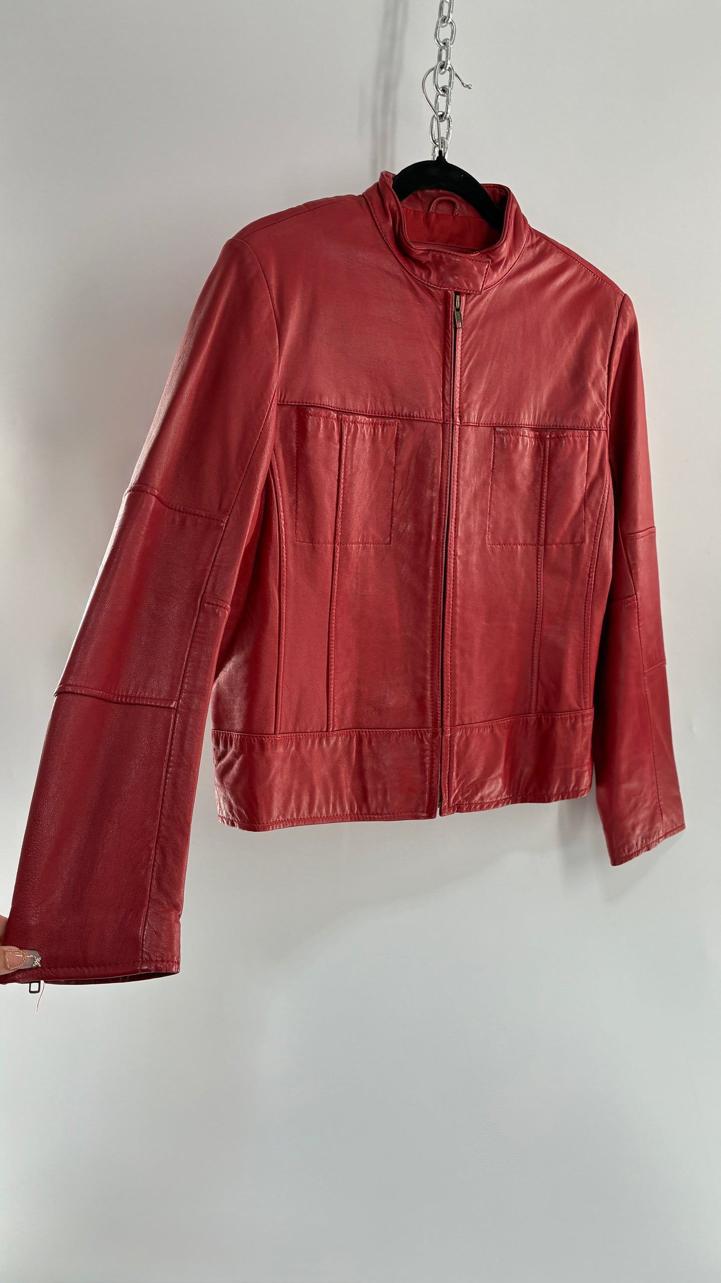 KATHY IRELAND Lamb Leather Red Motorcycle Neck Strap Jacket (Medium)