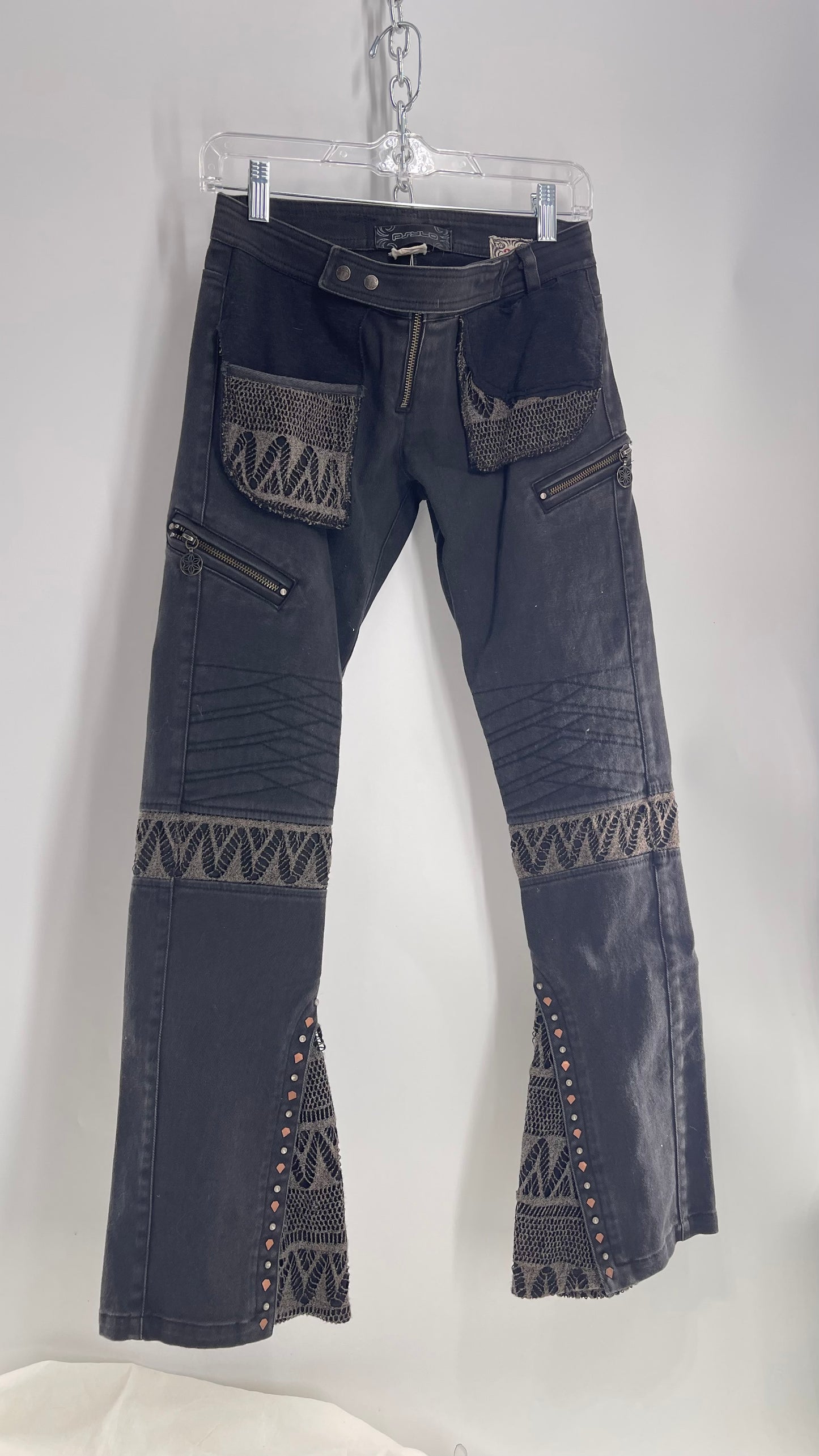 Vintage Rare PSYLO 1990s Low Rise Kick Flare Jeans with Studs, Lace and Hardware (38)