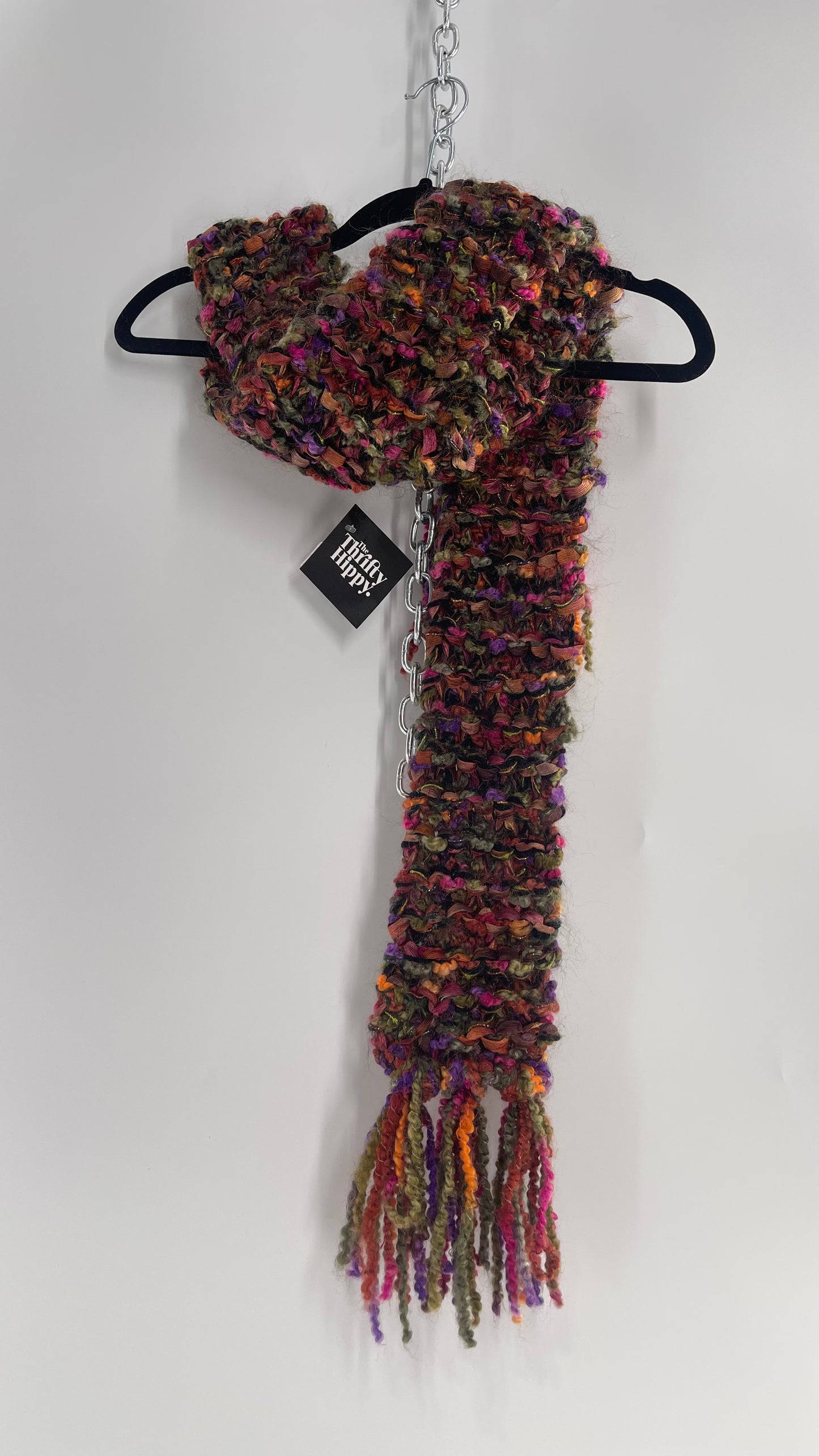 Vintage Jewel Tone Fuzzy Knot Scarf with Tinsel Ribbon