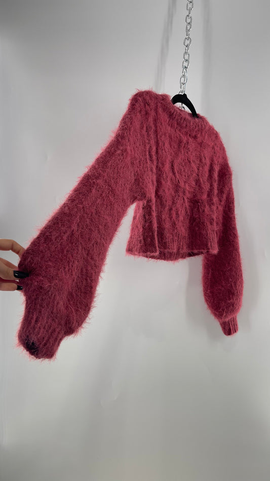 Urban Outfitters Mauve Pink Fuzzy Cropped Sweater with Bubble Sleeves (XS)