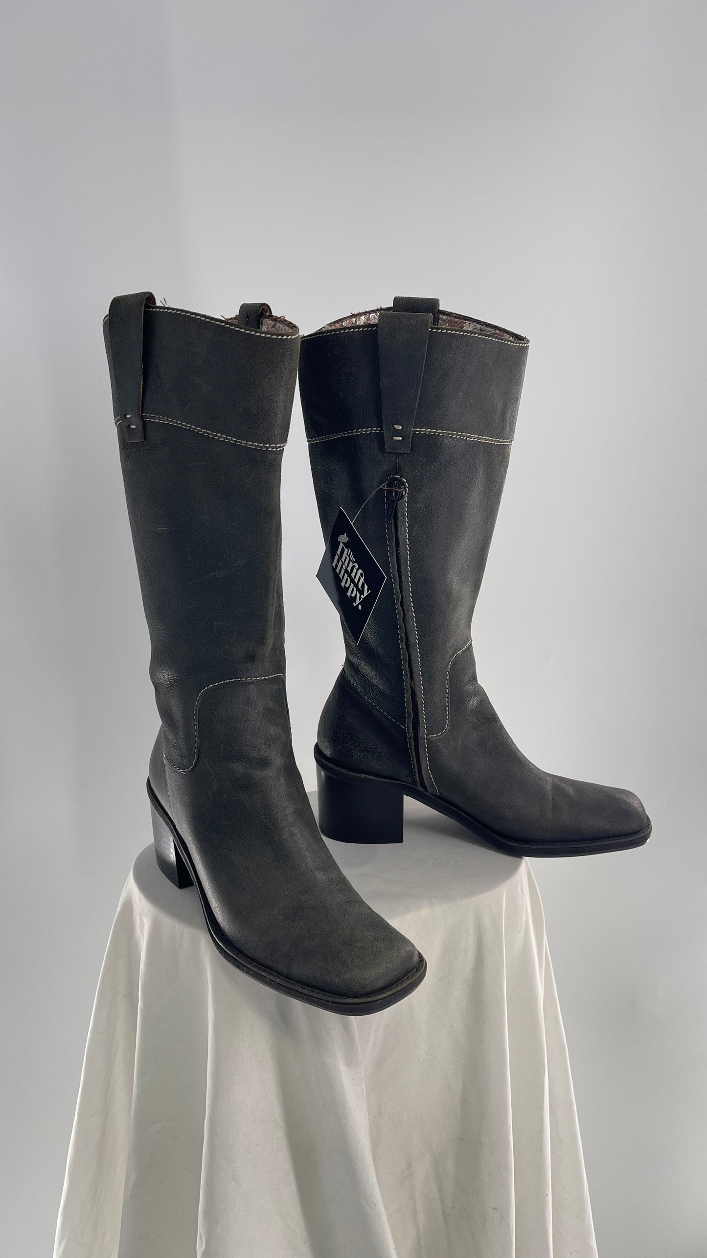 Vintage Nine West Dark Grey Leather Square Toe Heeled Knee High Boots (7.5)