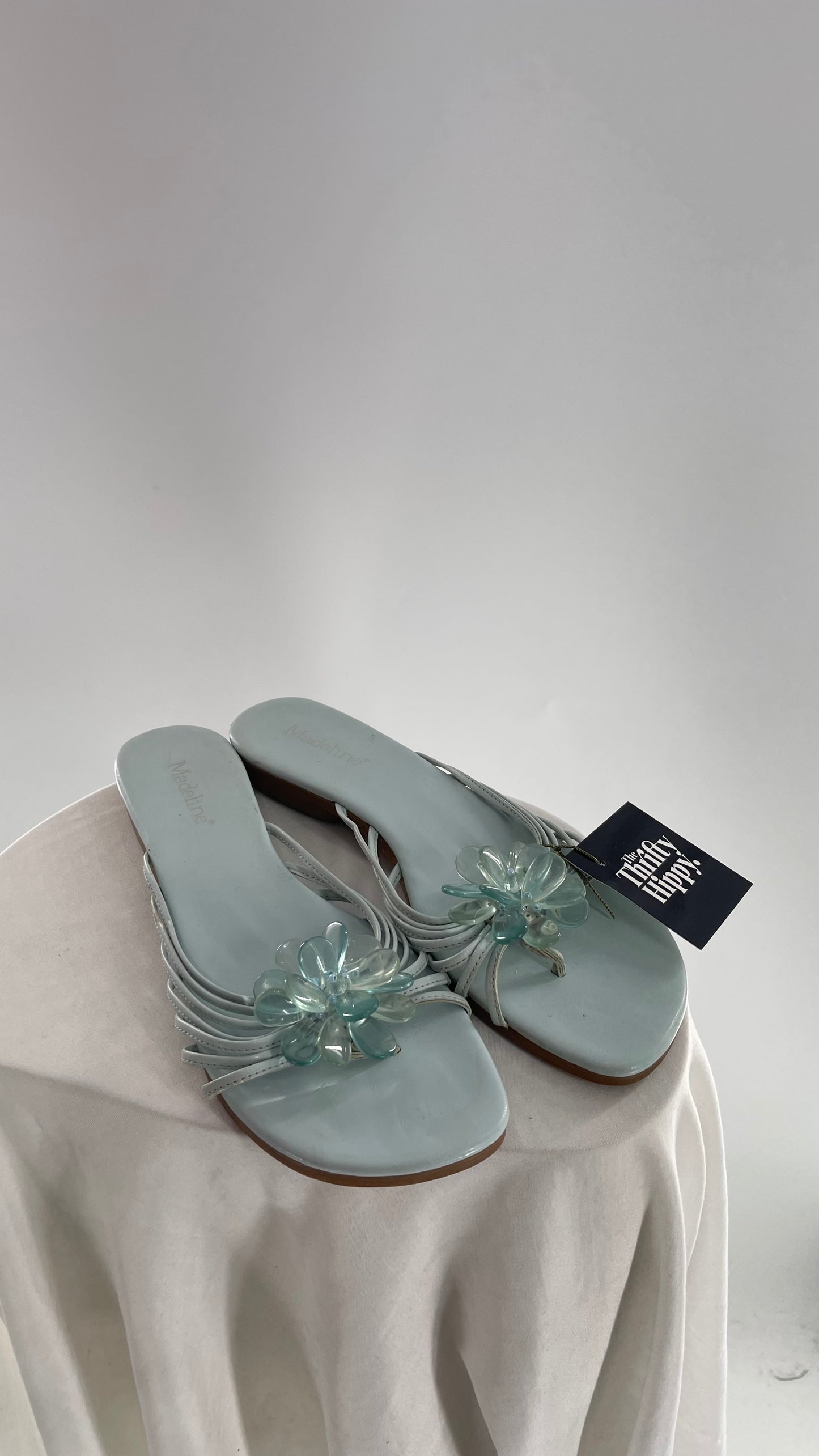 Vintage Baby Blue Slip On Sandals with Beaded Flower (8)