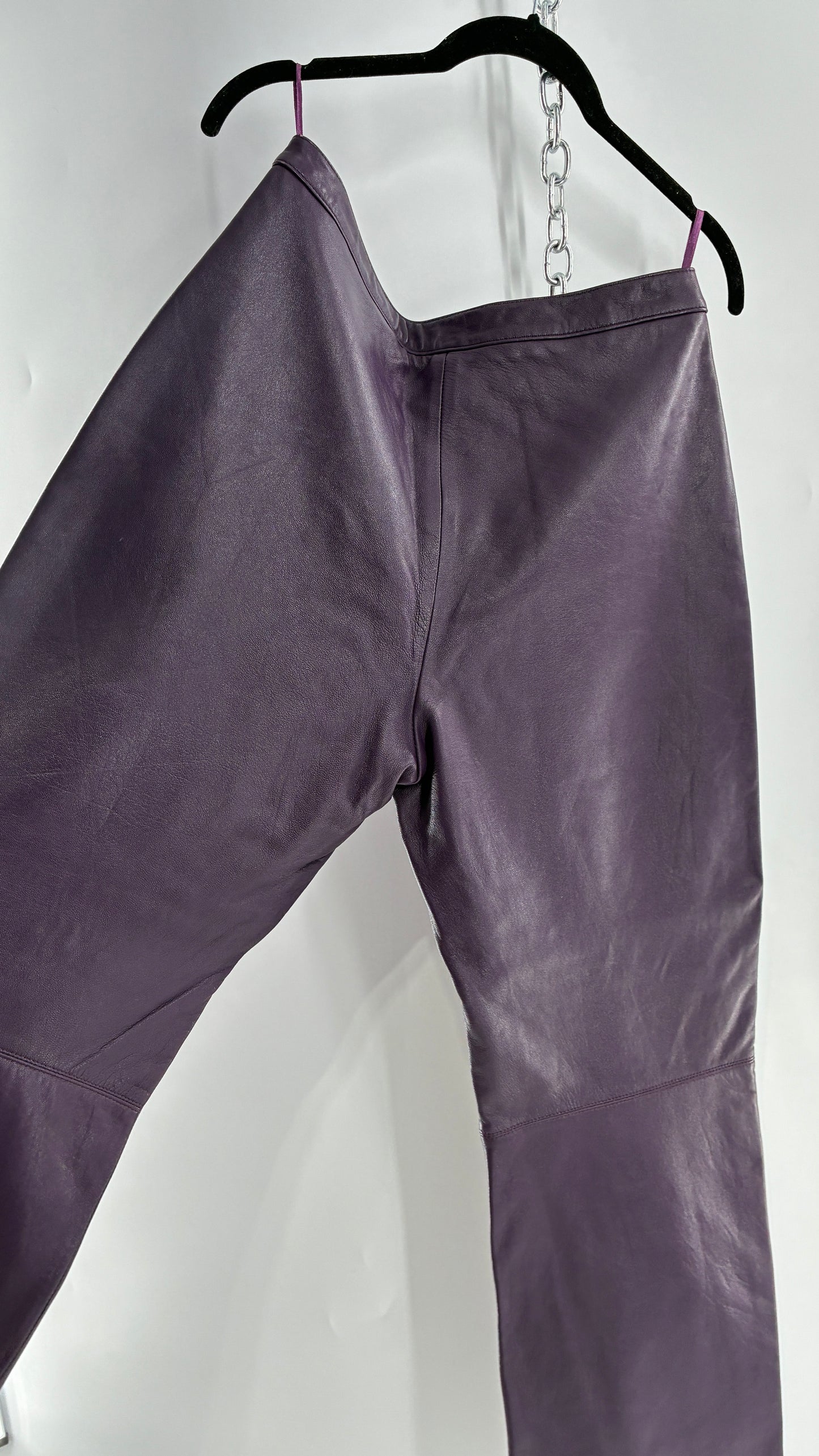 Vintage SHIN CHOI Genuine Italian Leather Purple Side Closure Low Rise Pants (12)