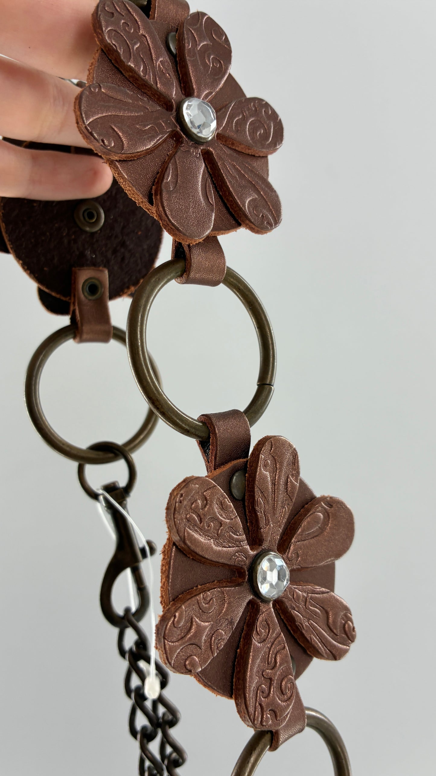 Vintage RELIC Brown Bronze Leather Flower Chain Belt with Rhinestones (M/L)