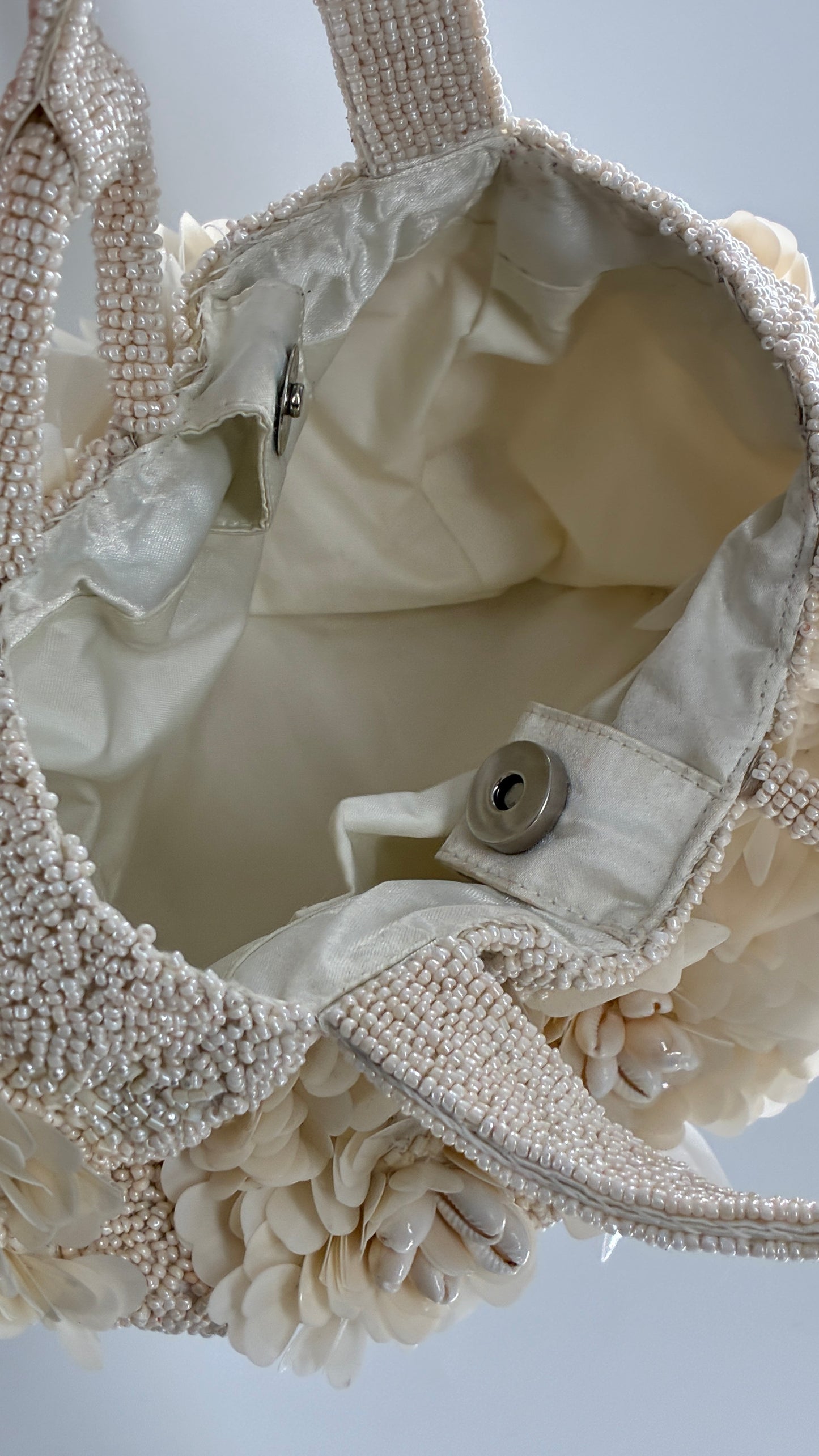 Beaded Off White Purse with Sequin and Shell Flowers