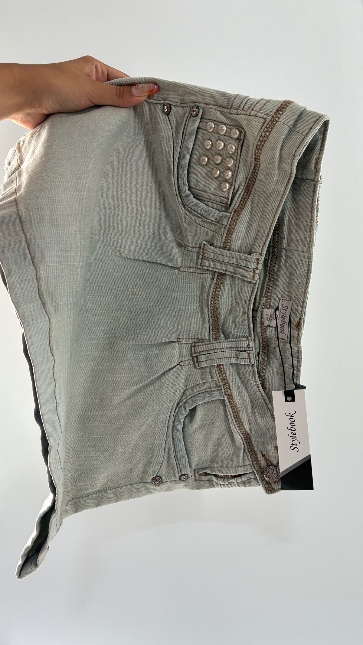 Deadstock Vintage Stylebook Light Denim Mini Skirt with Heavy Engraved Studs and Pleated Details (Small)