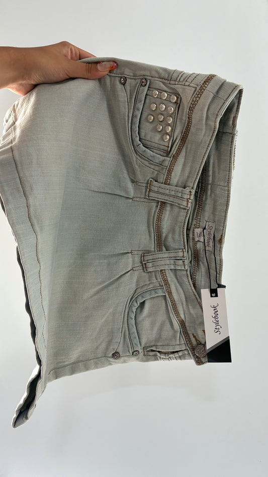 Deadstock Vintage Stylebook Light Denim Mini Skirt with Heavy Engraved Studs and Pleated Details (Small)