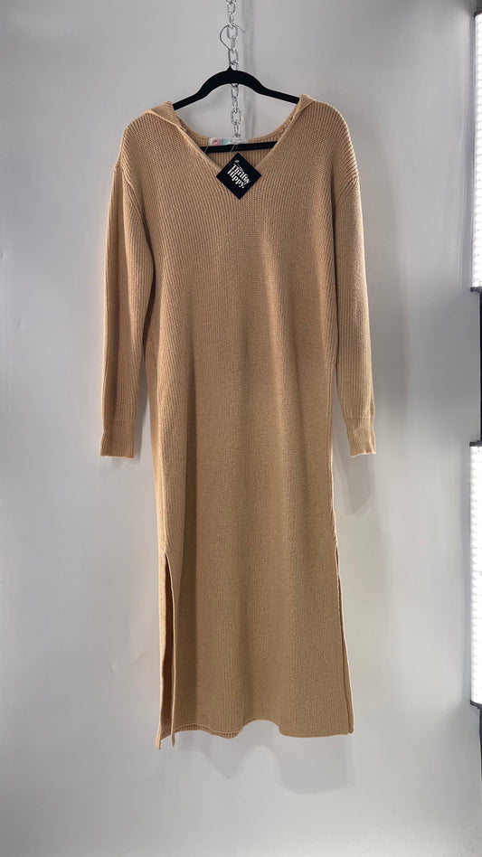 Free People Tan Knit Hoodie Maxi (Medium)