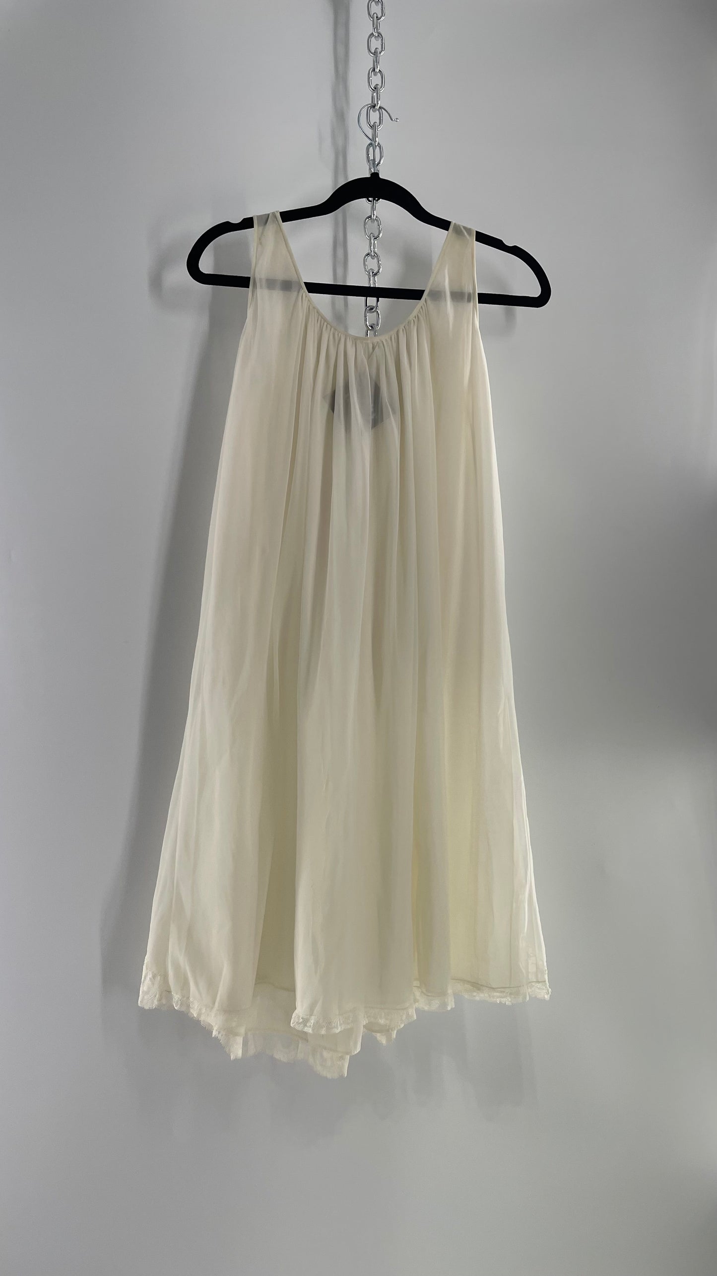 Vintage Leonora Off White Camisole Slip Nightgown Dress with Lace Trim and Decal Detail (Small)