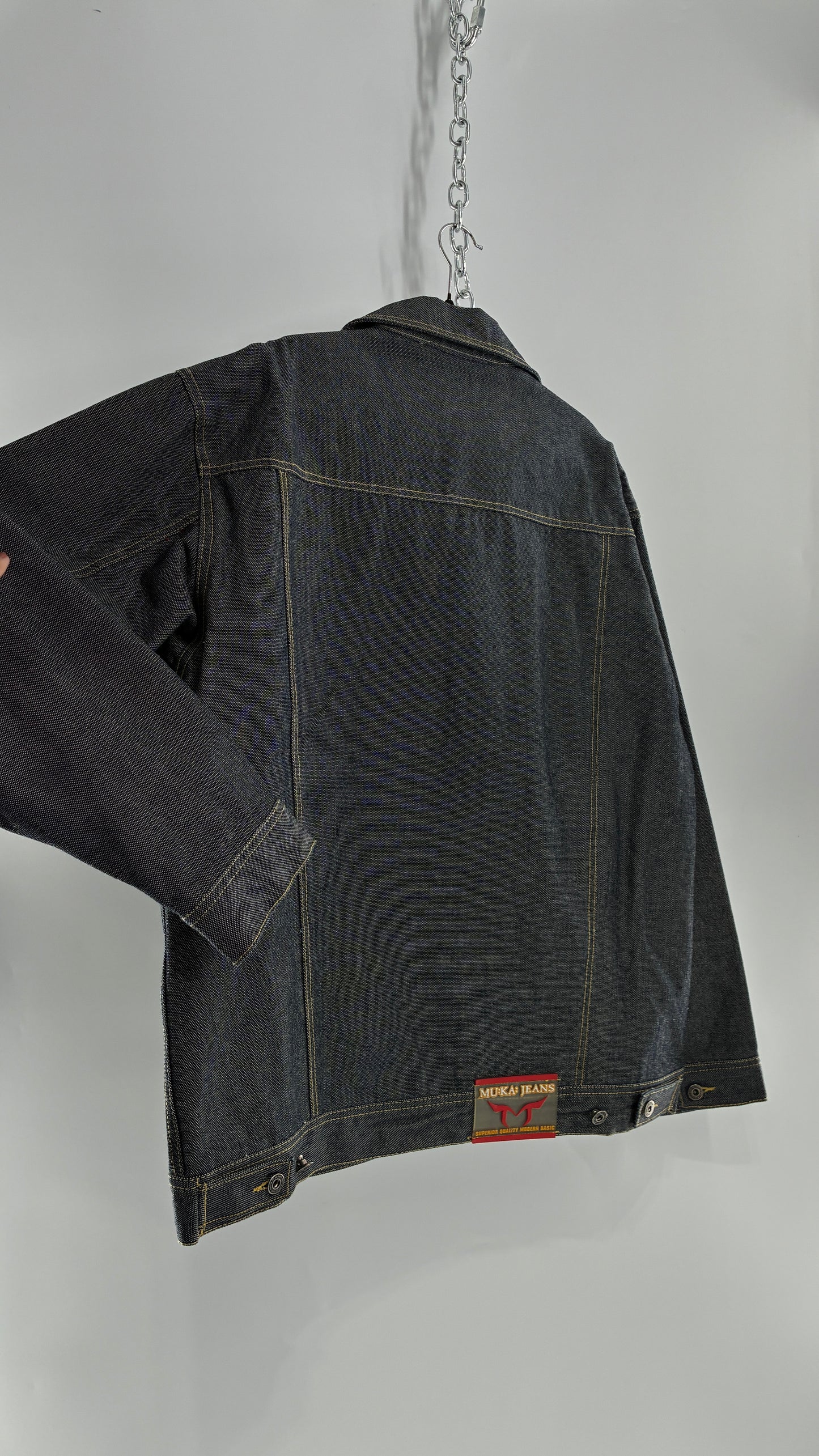 Vintage 1990s MU:KA: JEANS Men’s Dark Wash Japanese Style Denim Baggy Straight Legs and Oversized Jacket Set (L, 32x32)