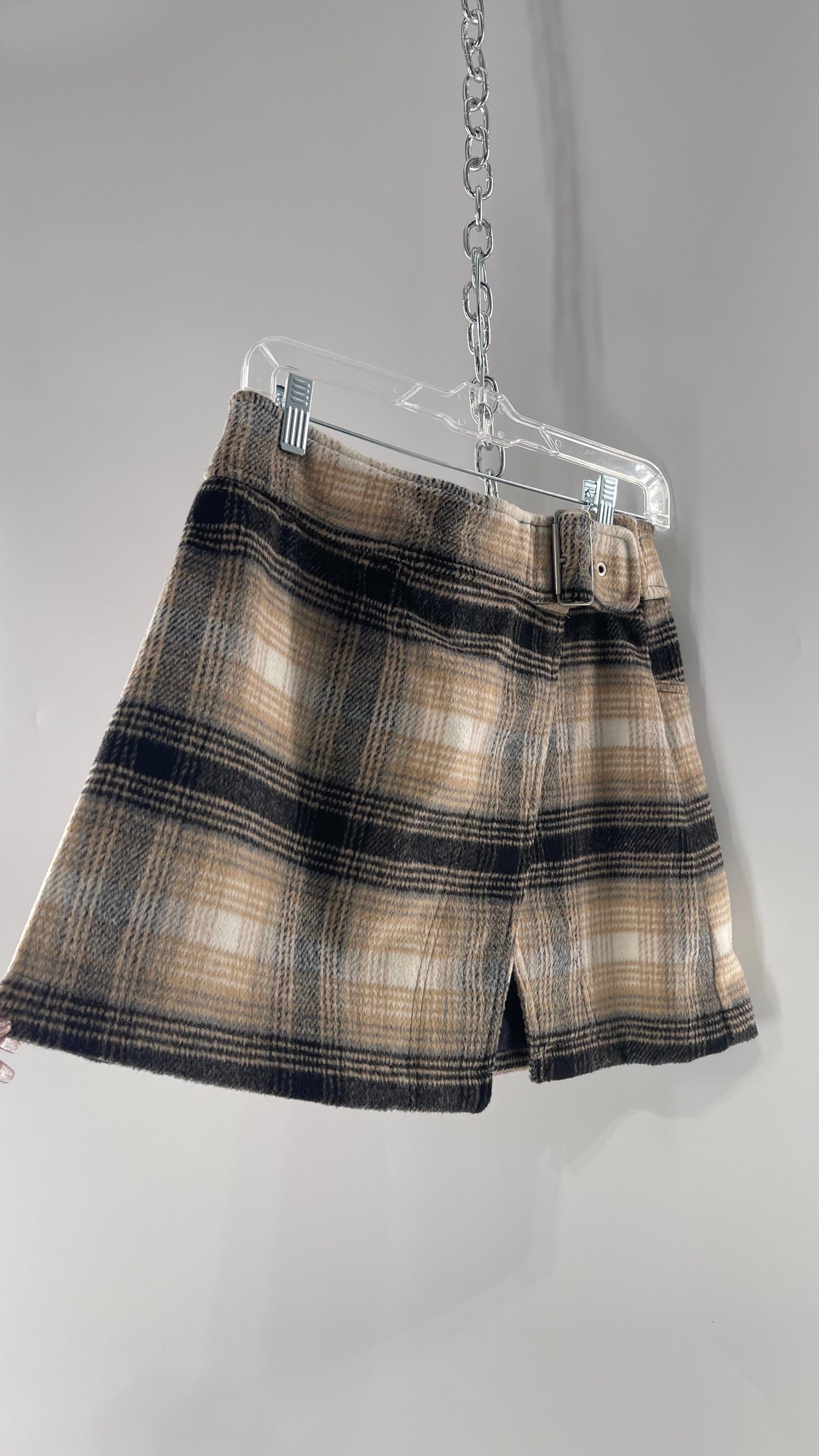 Free People Plaid Beige Gray Soft Mini Skirt with Side Slit and Built in Grommet Belt (4)