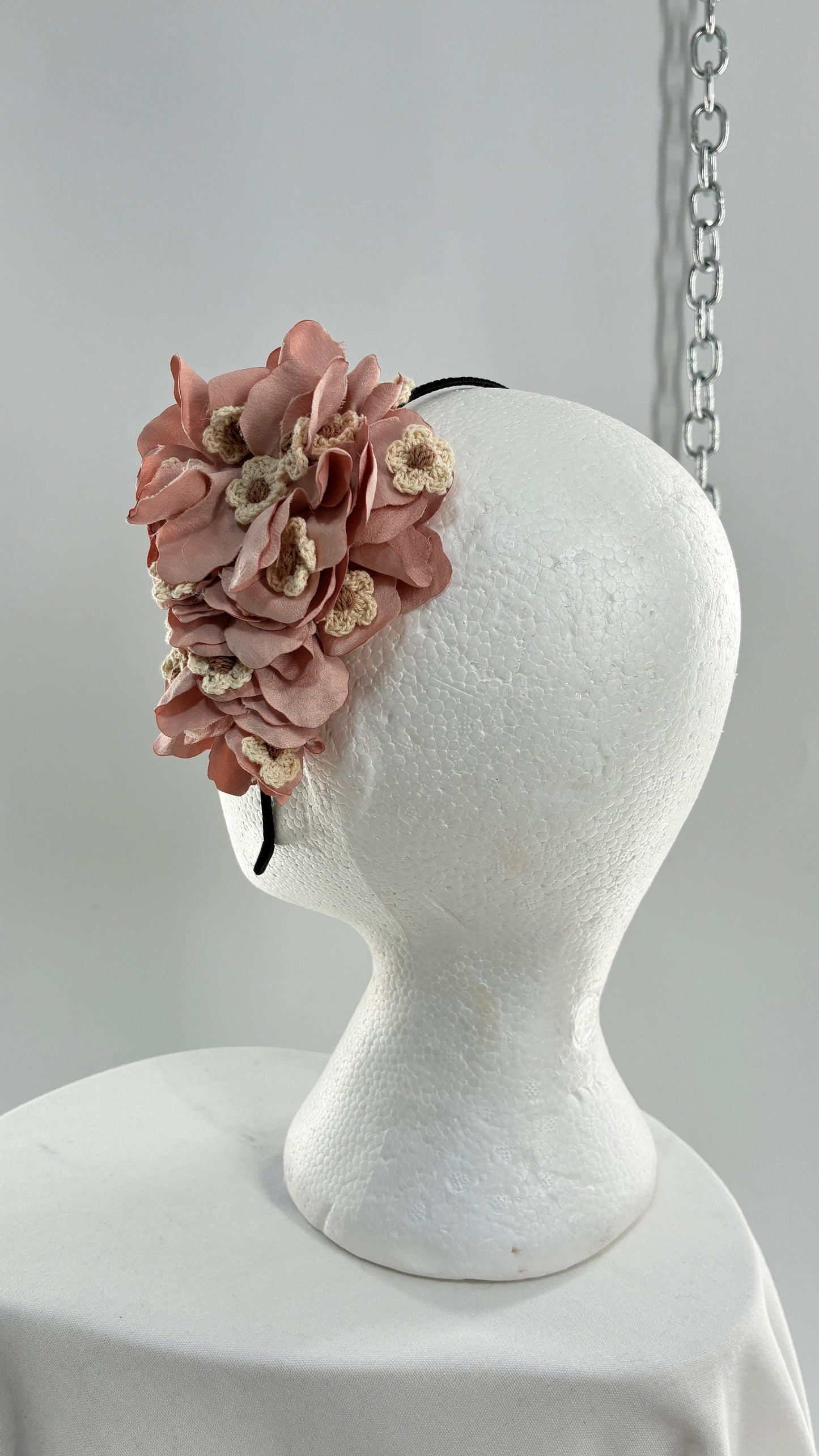 Vintage Handmade FARMER Headband with Pink Petals and Crochet Florals