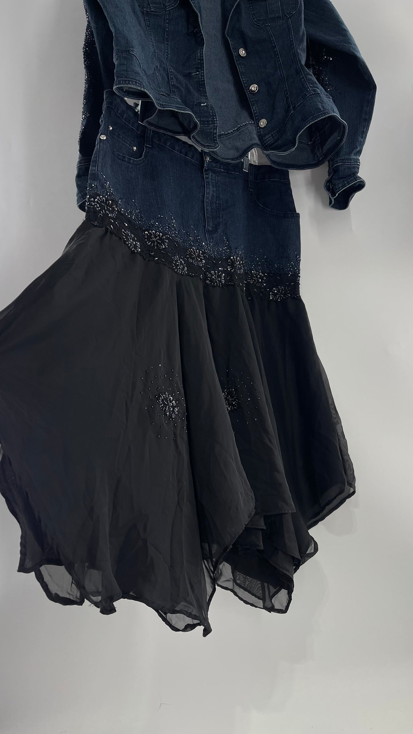 Vintage Ashley Stewart Denim Skirt and Button Up Set with Black Embroidered and Beaded Lace Details + Handkerchief Skirt (16W)