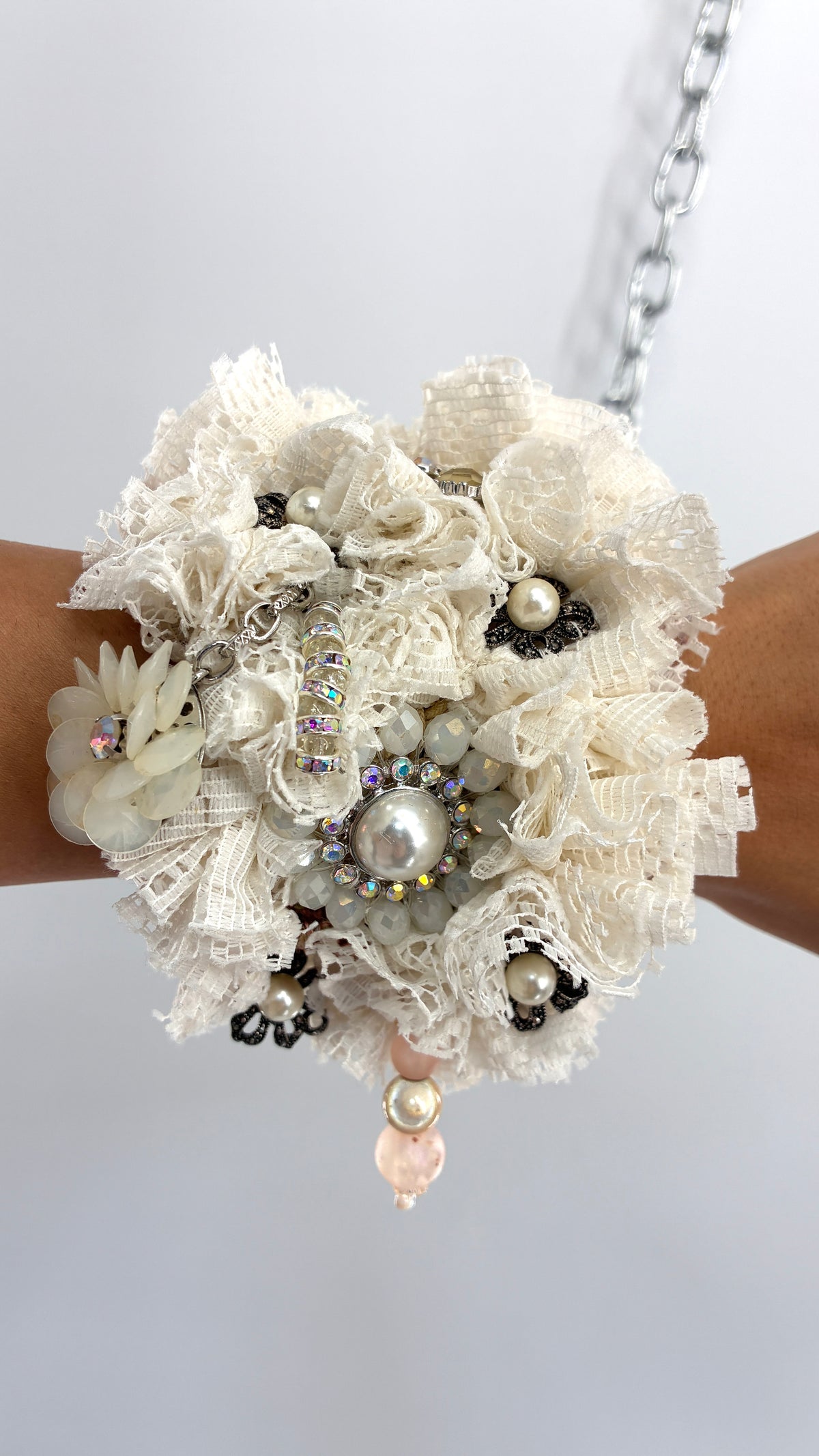 Handmade Oversized Ivory Lace Rosette & Jeweled Charm Statement Cuff