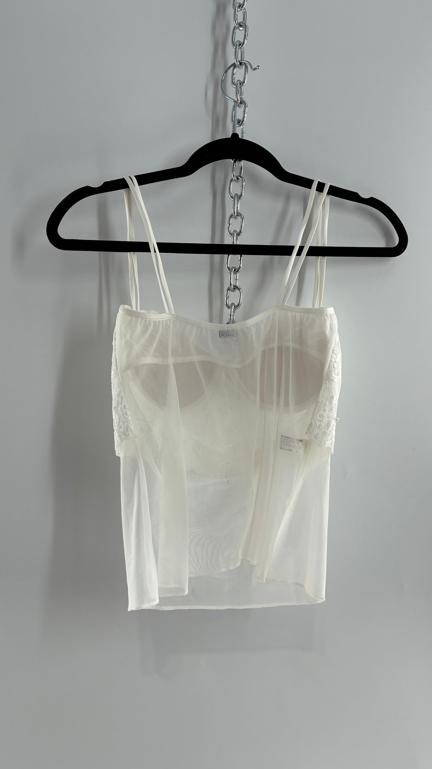 Vintage LA FRESCA White Lace Bustier Babydoll with Mesh Bodice and Beaded Cups/Band (Large)
