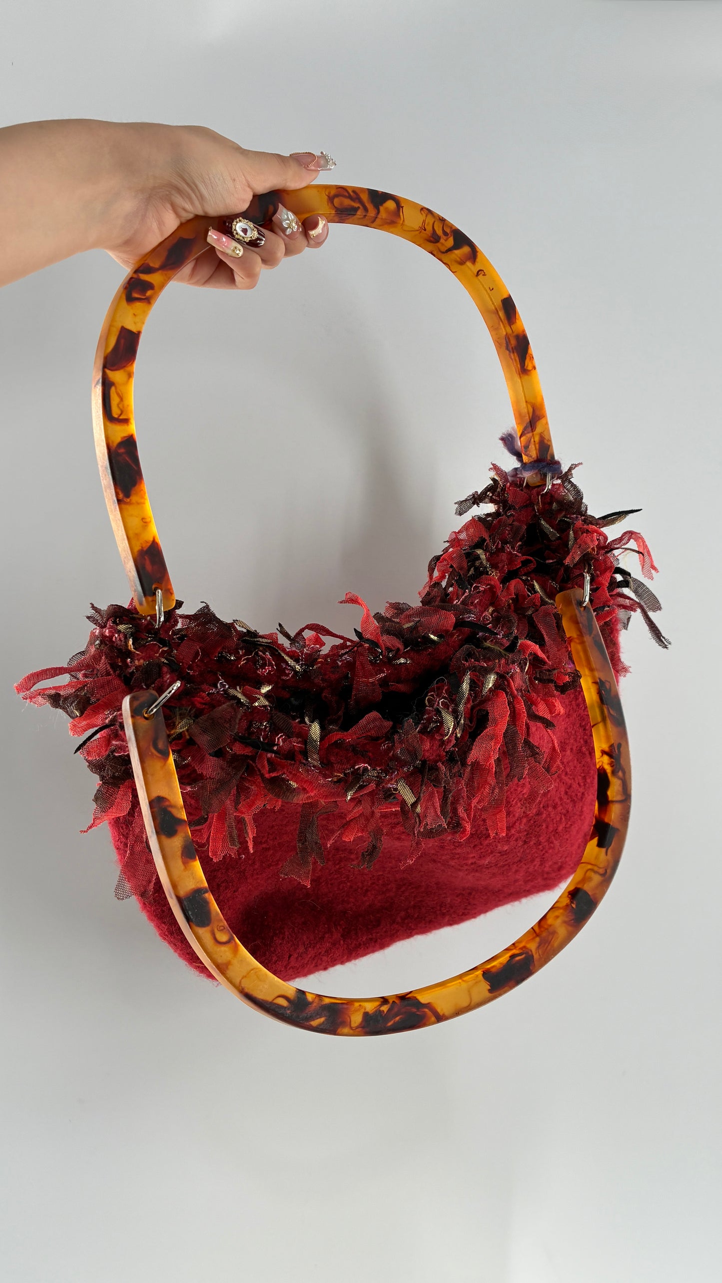 Vintage Handmade Handwoven Red Bag with Tags, Fringe Detailing and Tortoise Shell Handle