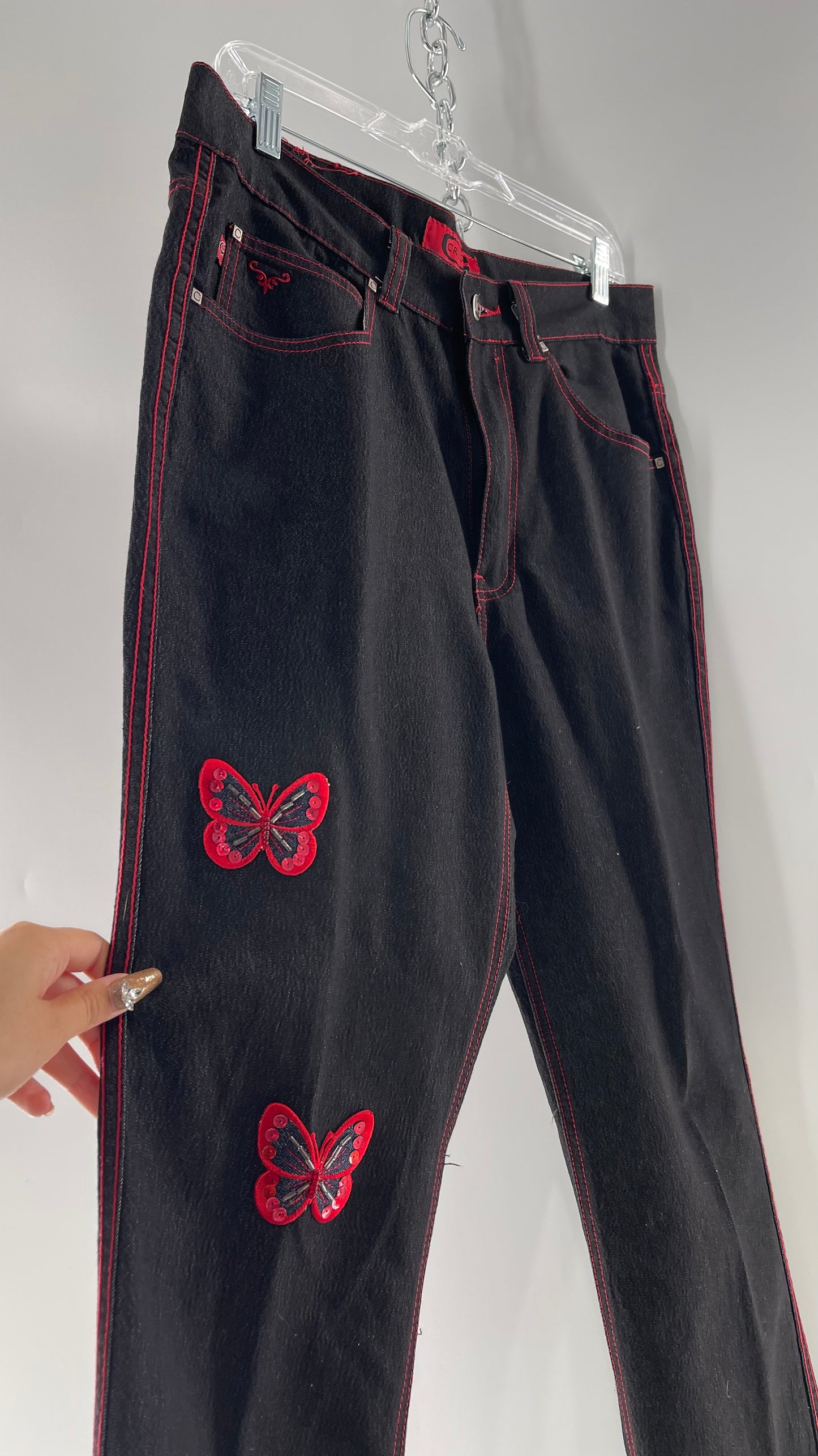 Rare Vintage Black Crest Jeans with Red Contrast Stitching and Butterfly Embroidery on Thigh and Back Pockets (14)