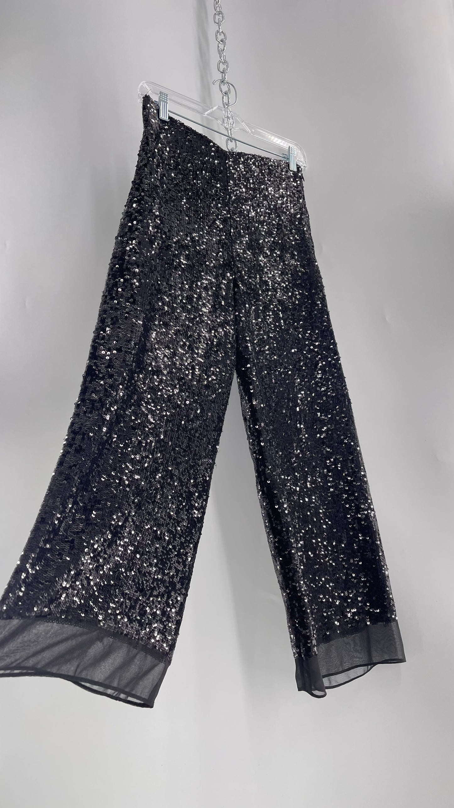 ZARA STUDIO Black Sequin Pijama Trouser with Chiffon Hem and Ribbon Lined Waist (Medium)