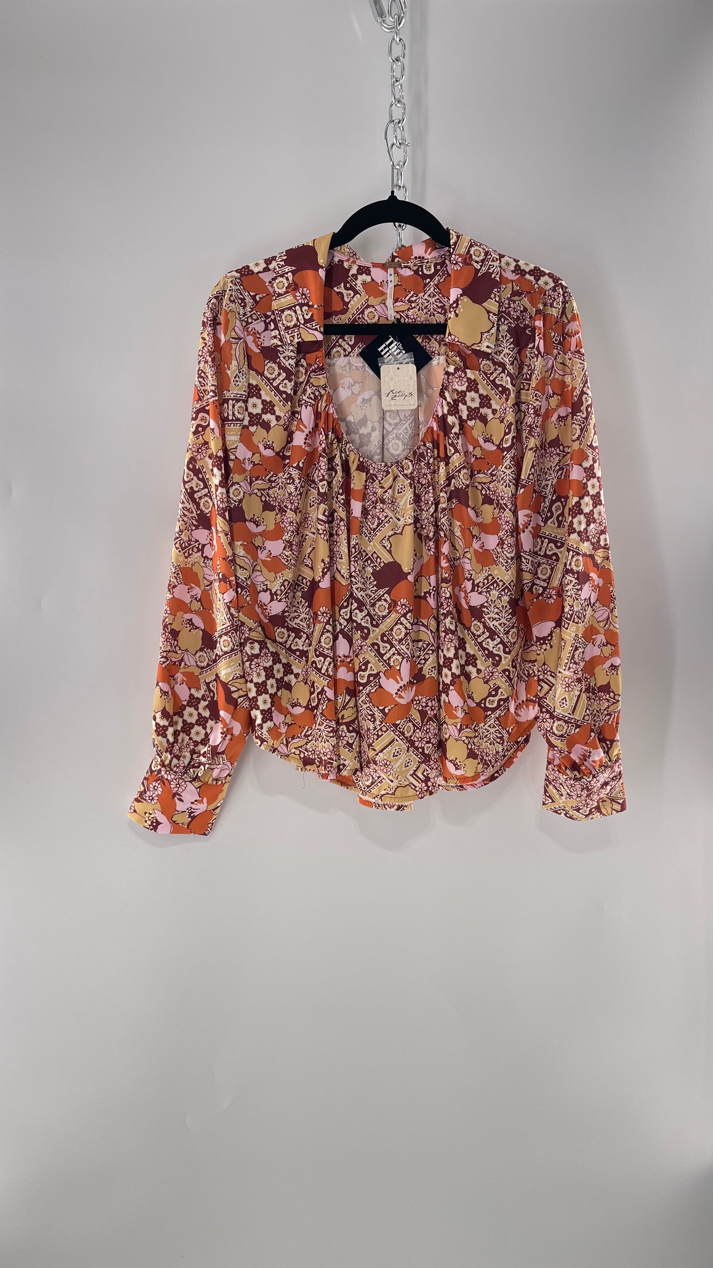 Free People All Over Mixed Warm Toned Satin Blouse with Pleated/Draping Neckline and Collar, Tags Attached  (Small)