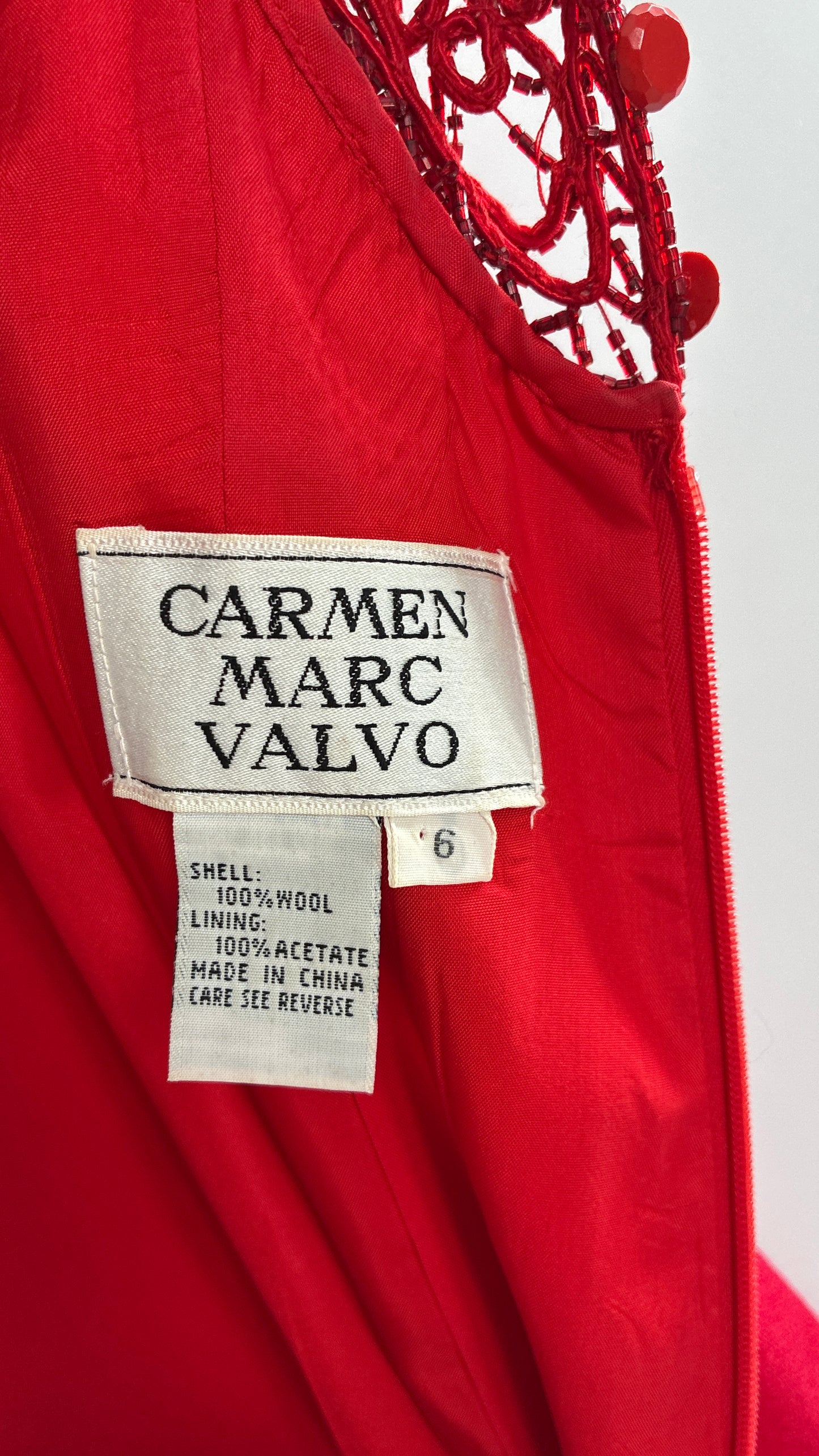 Vintage CARMEN MARC VALVO Red 100% Fitted, Tailored Wool Dress with Beaded Hem and Neckline  (6)