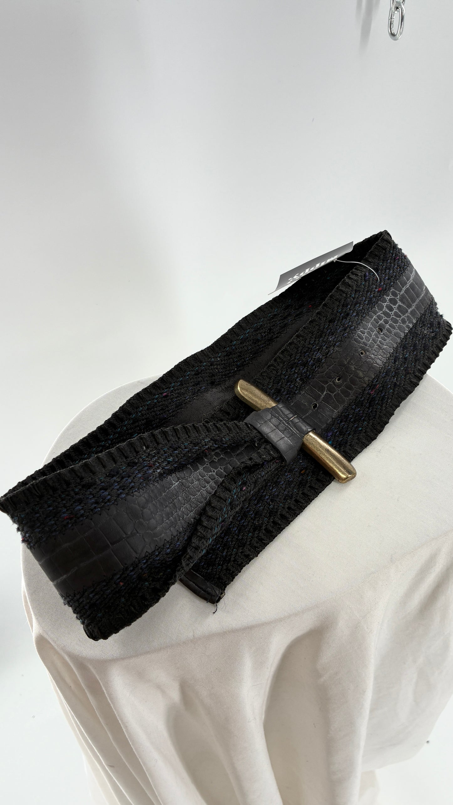 Vintage Leather Shop Belt with Bronze Buckle and Knit Details (Small)