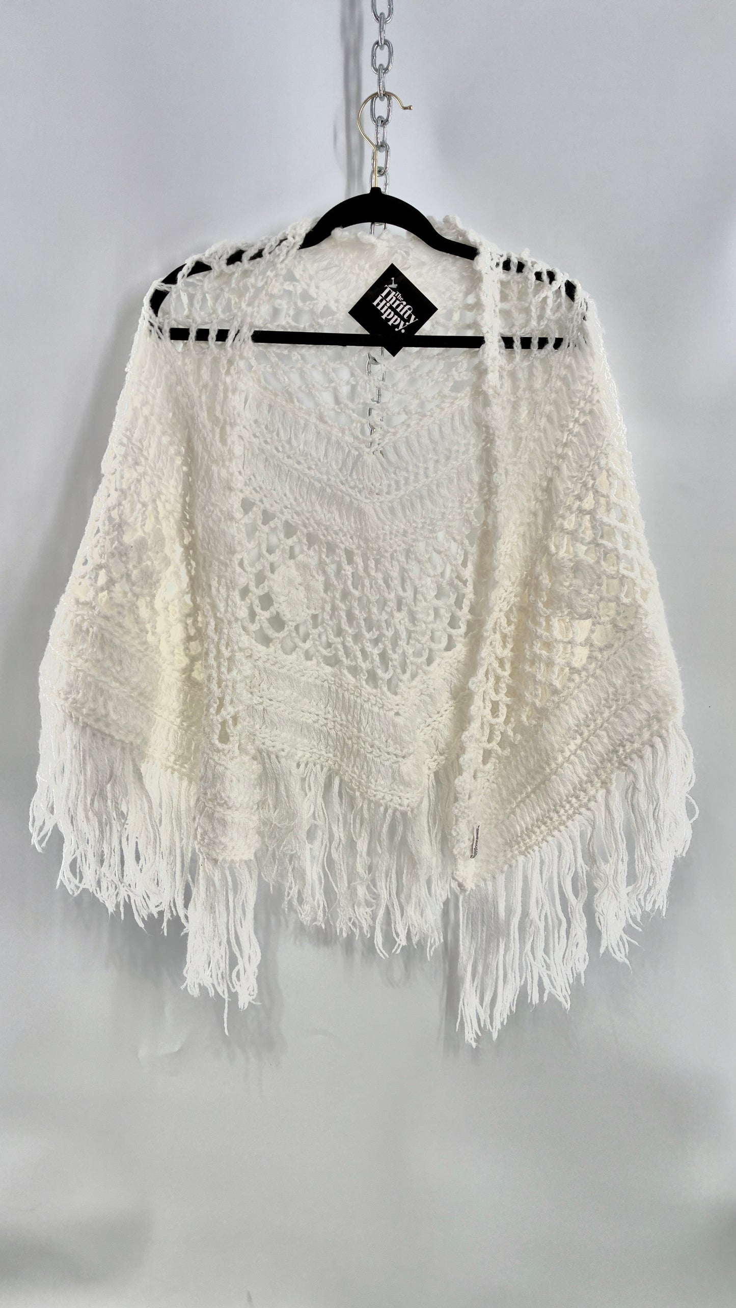 Vintage Off White Hand Knit Scarf Poncho Shawl Cape