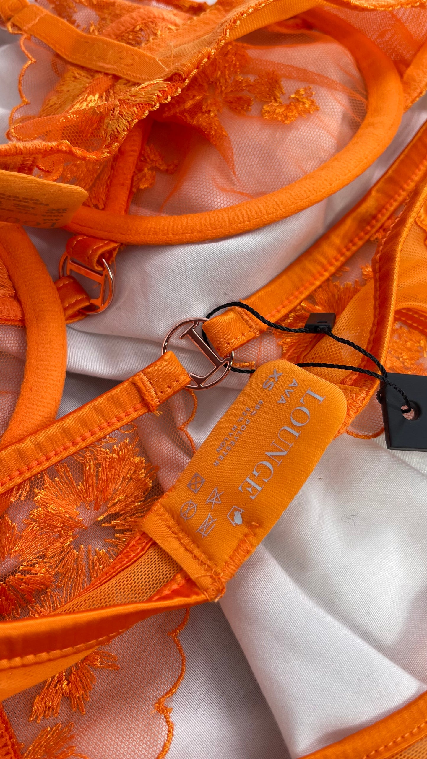 LOUNGE Orange Ava Bra, Garter and Panty Set with Tags Attached (32C, XS)