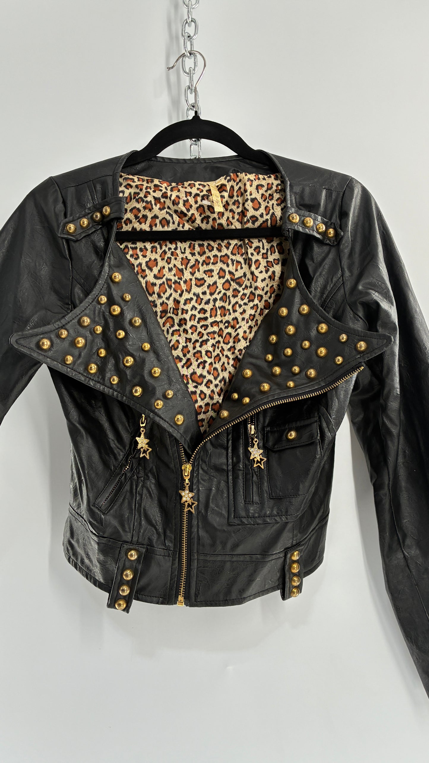 Vintage Black Vegan Leather Jacket with Oversized Lapel, Belt Loops and Pockets Covered in Heavy Duty Gold Studs (Small)