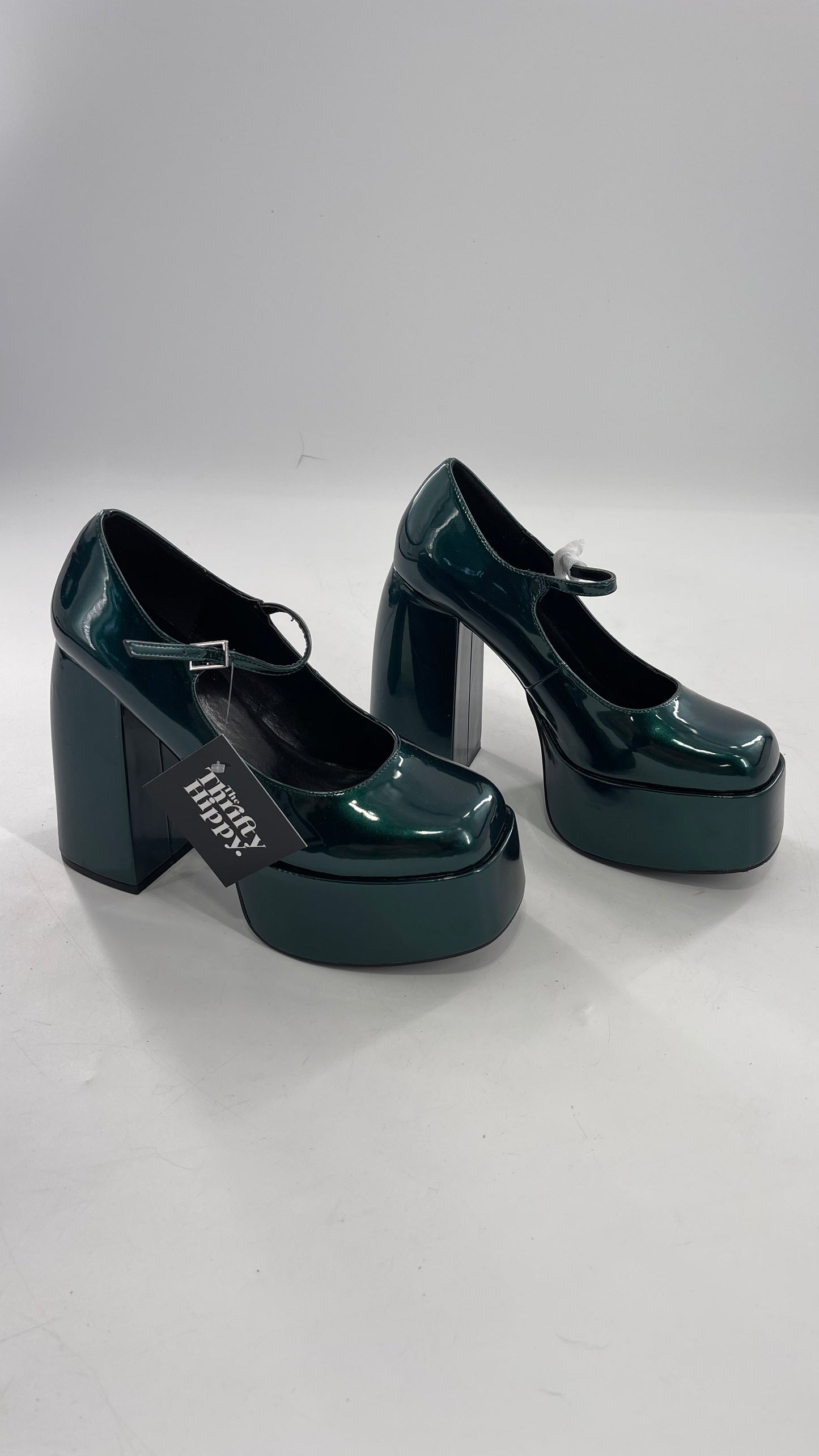 KOI FOOTWEAR Patent Emerald Green Platform Chunky Heel Mary Janes (9/39)