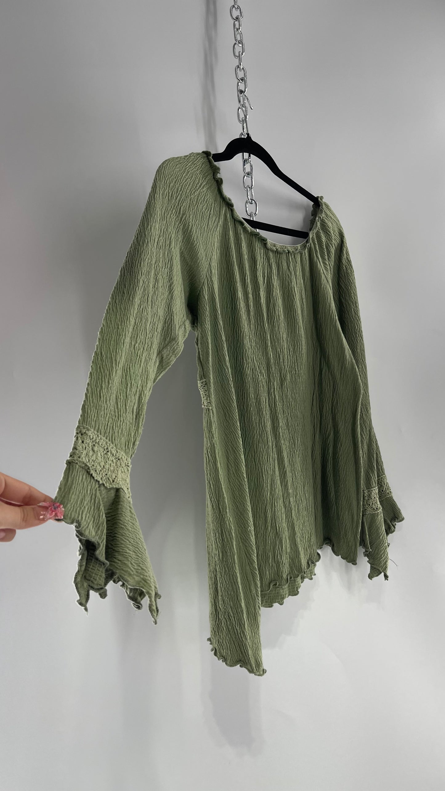 Vintage Fashion Bug Fairy Green Crimped MilkMaid Top (XL)