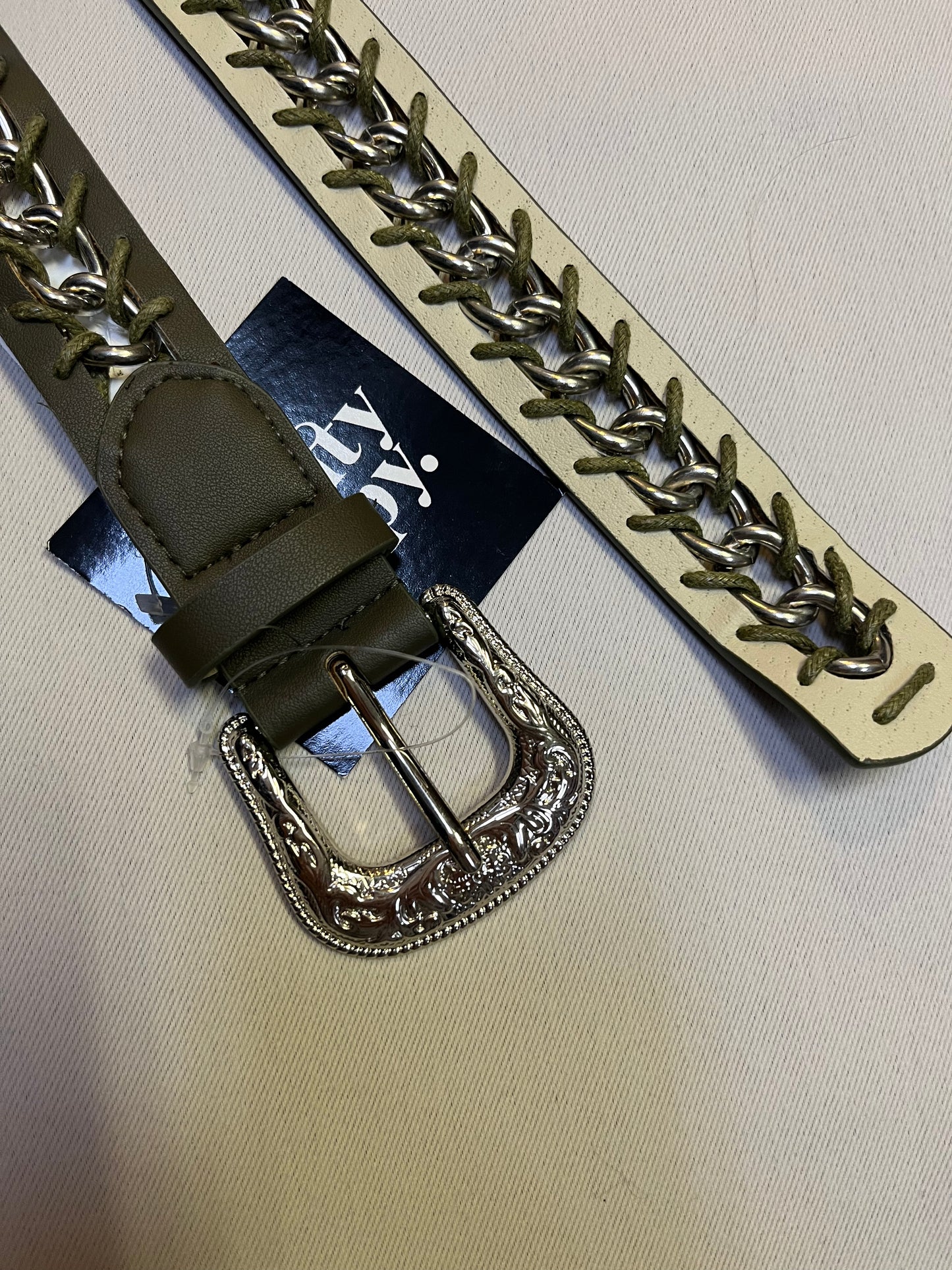 Free People Chain Link Thread Through Olive Green Leather Belt with Western Buckle(S/M)