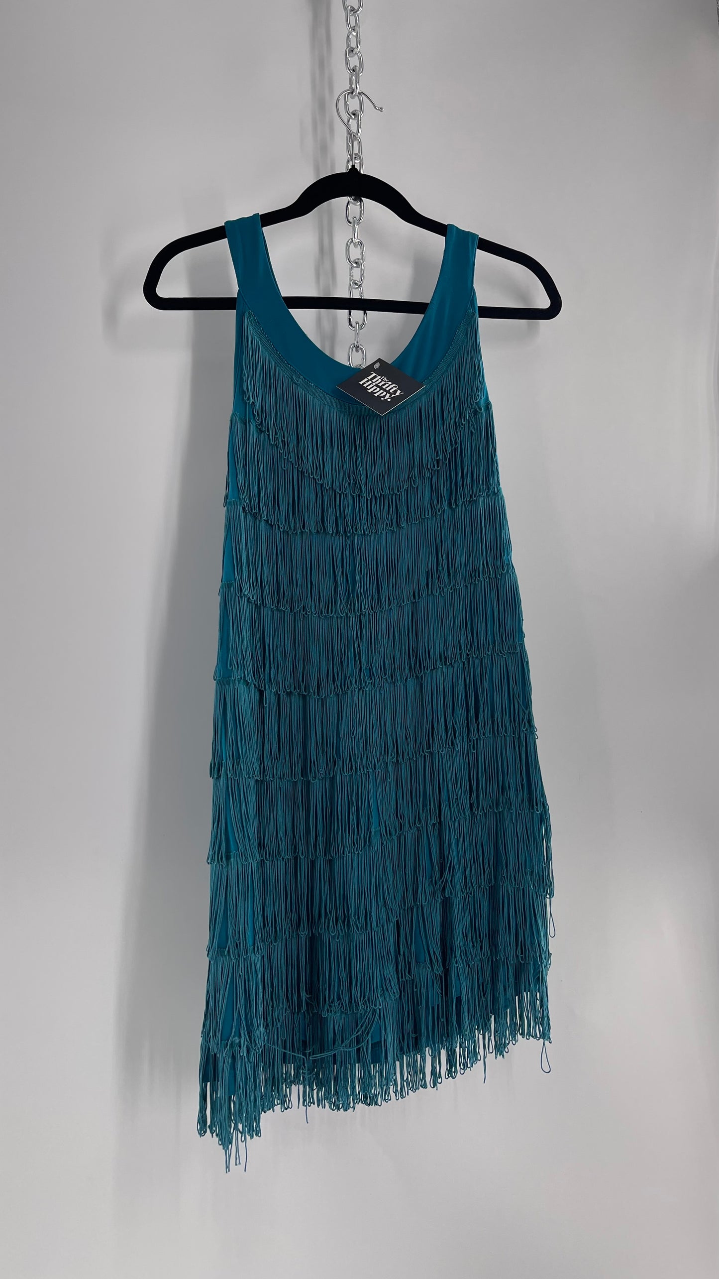 Vintage Teal Fringe Cowgirl Party Tunic Mini Dress (Small)