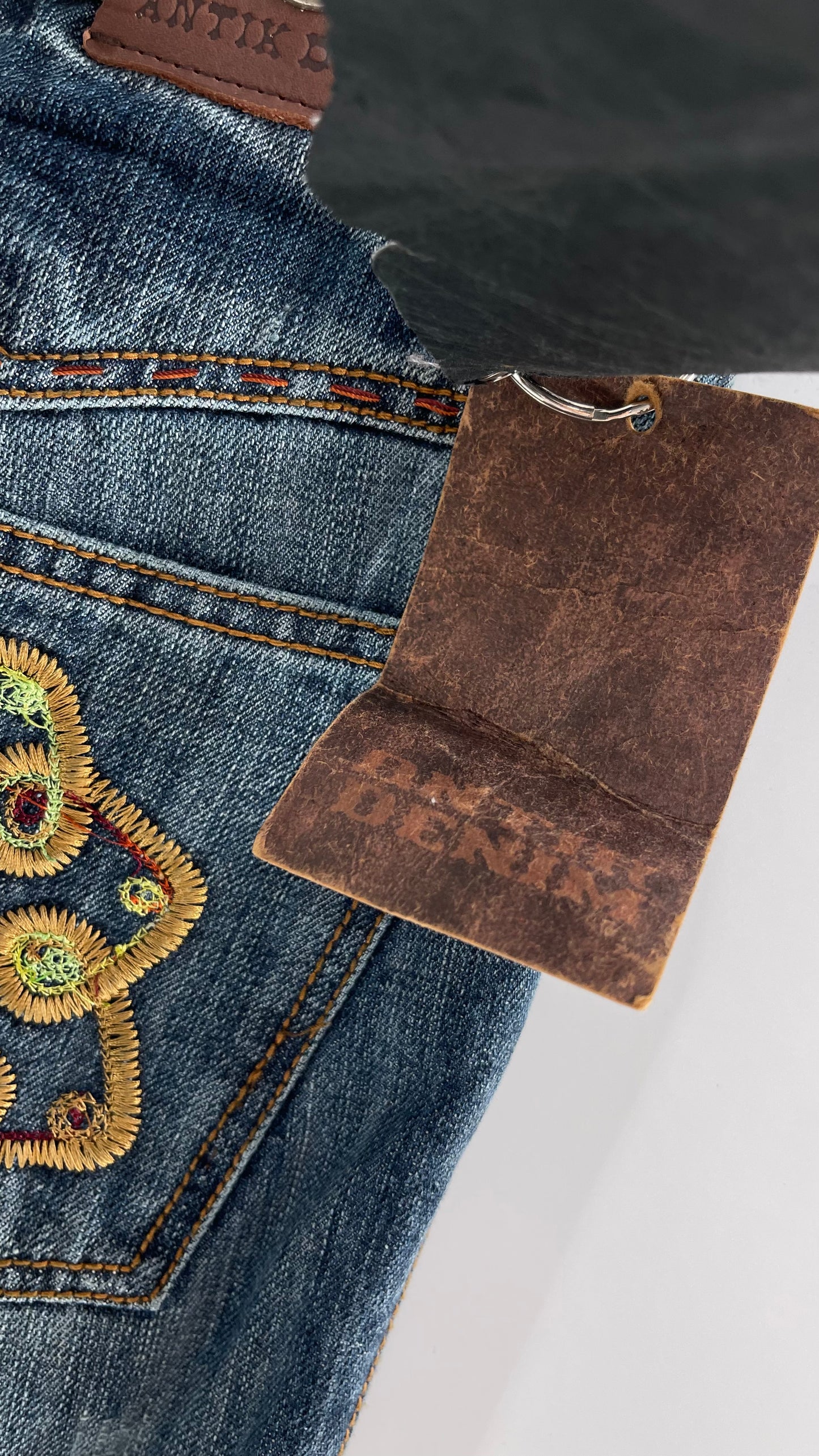 Vintage RARE Antik Denim Kick Flares with Embroidered Flower Design and Contrast Stitching (28)