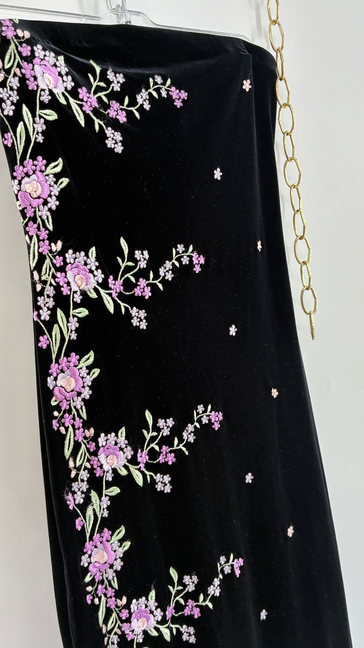 Vintage ROBERTA 1990s Black Velour Strapless Dress with Embroidered Flowers (Medium)