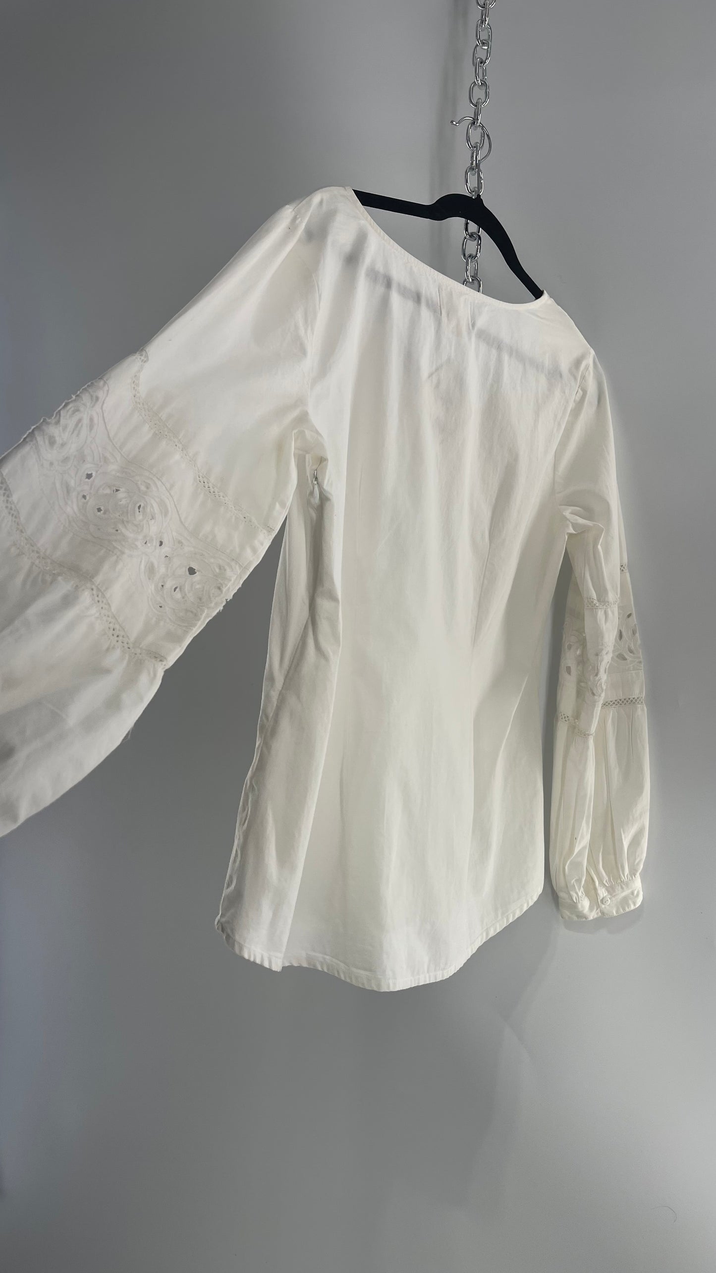 Maeve Anthropologie White 100% Cotton Blouse with Balloon Sleeves, Eyelet Lace, and Armpit Zipper (12)