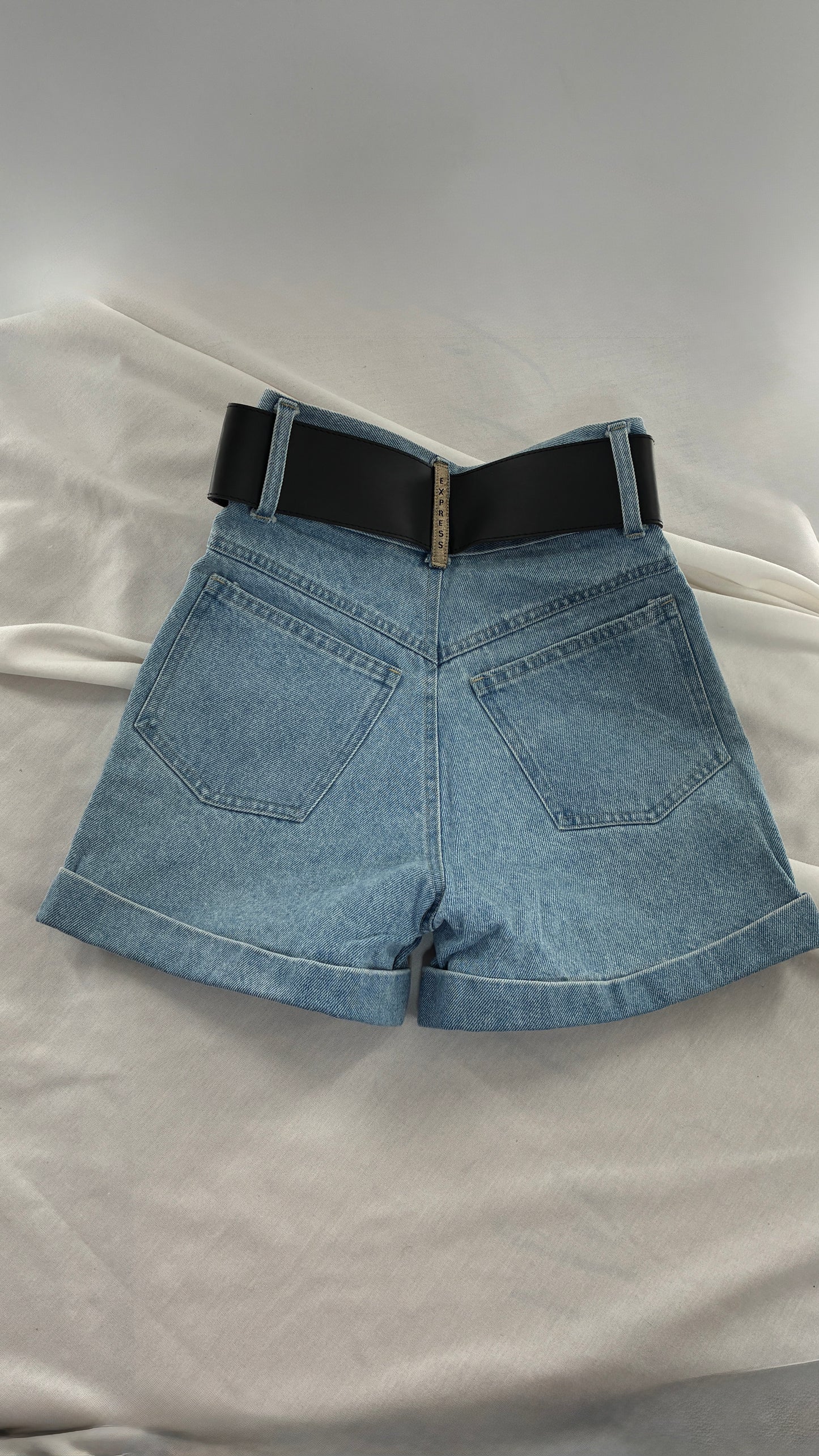 Vintage 1990s EXPRESS Ultra High Waisted Jean Shorts with Wide Waist Belt (1/2)