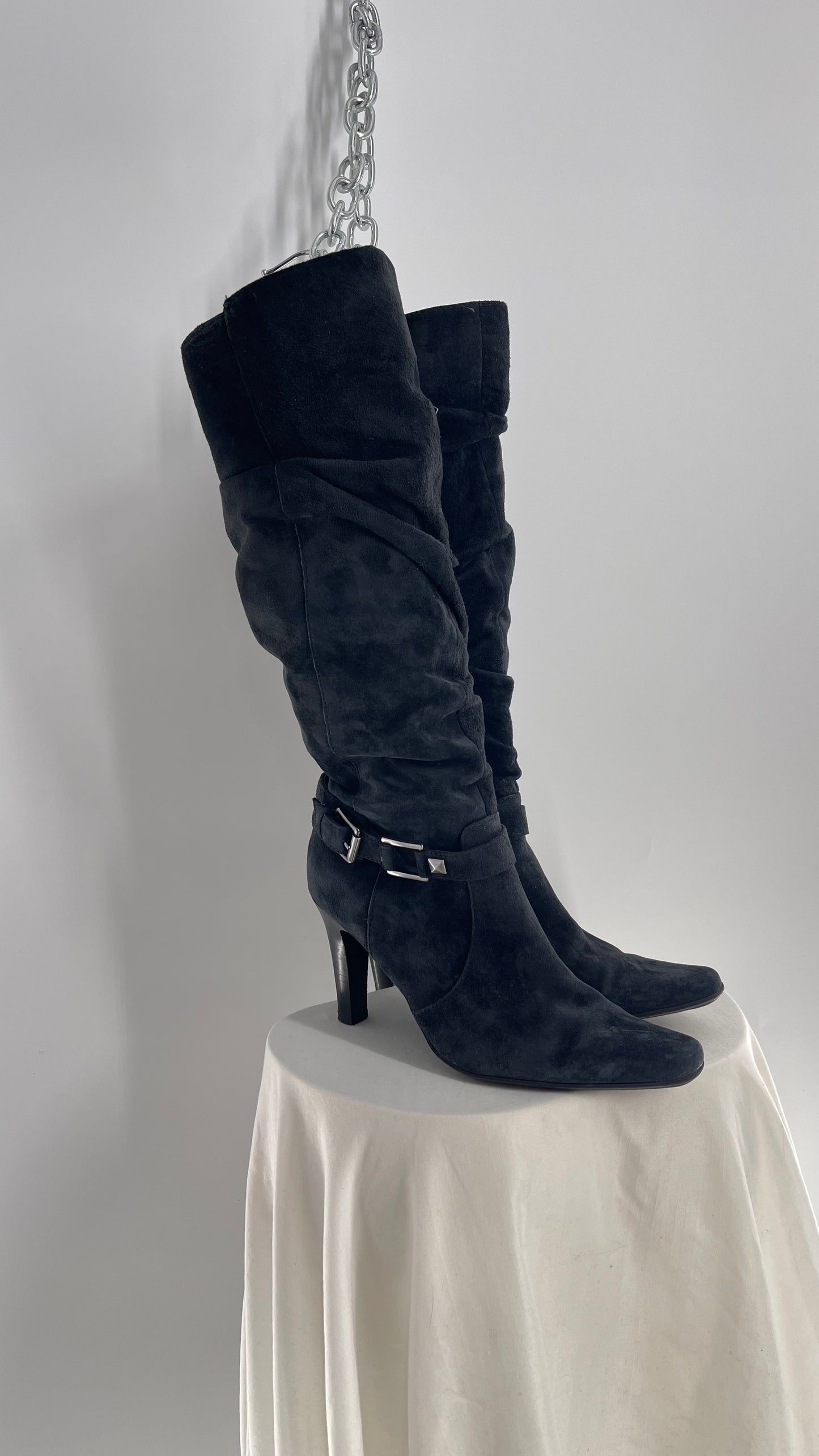 Vintage White Mountain Black Stacked Knee High Heel Boots with Ankle Stud and Buckle (7.5)