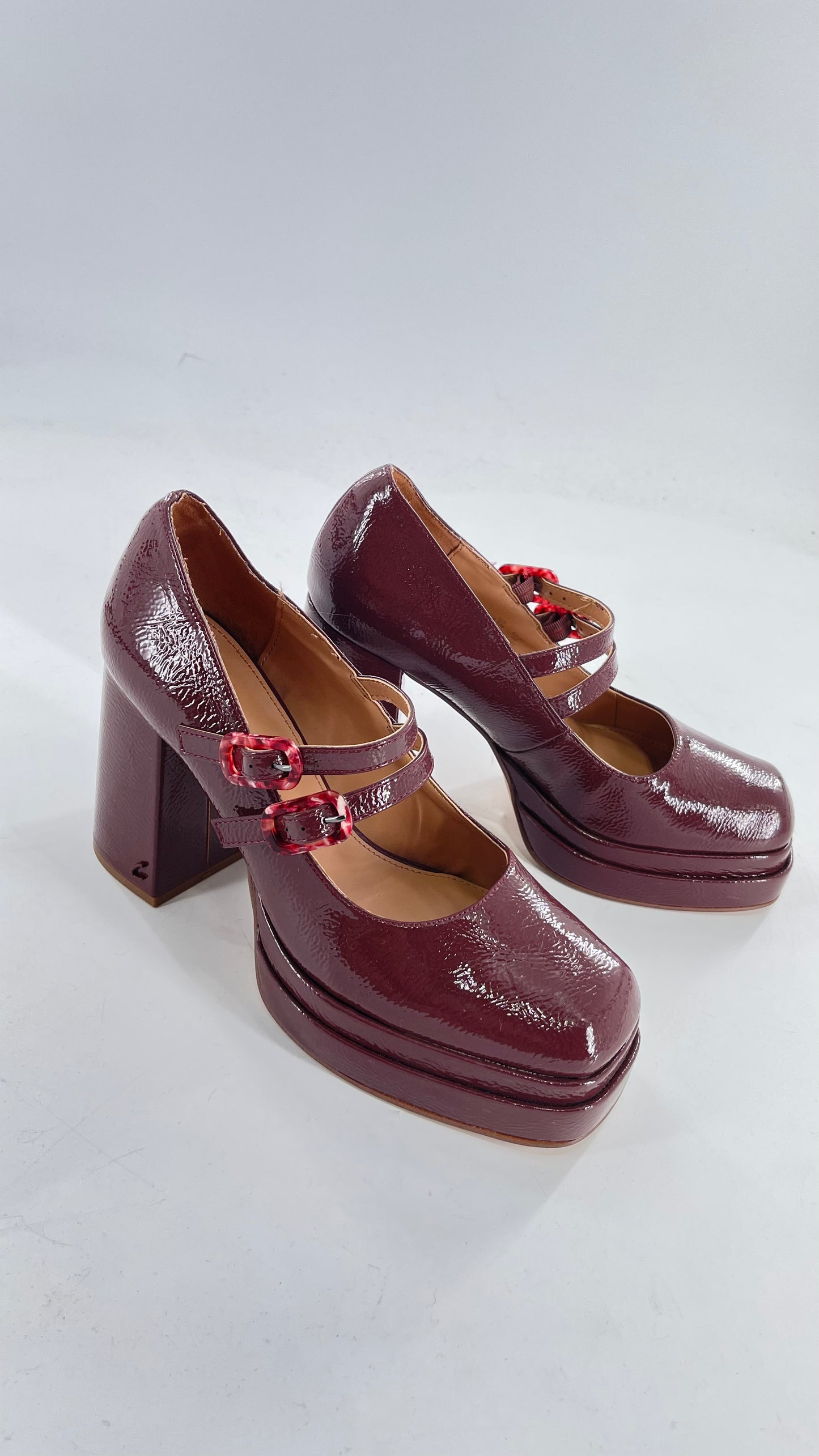 CIRCUS NY Burgundy Double Platform Chunky Heel Double Strap Mary Jane Steppers