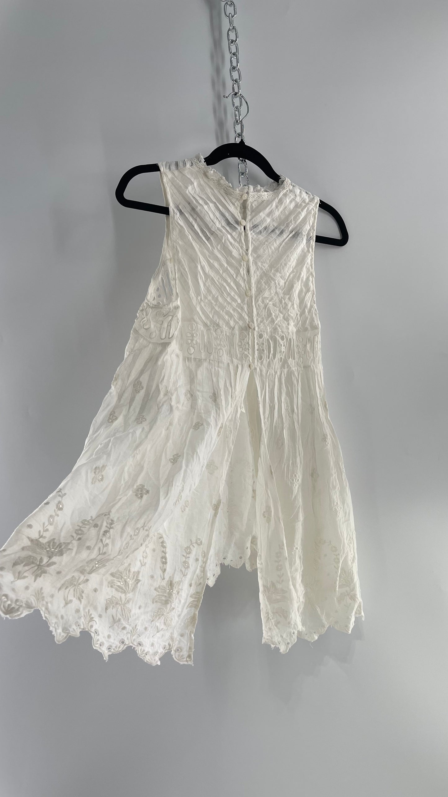 Free People White Cotton Eyelet Embroidered Lace Tank with Pleating, Buttoned and Slit Back (Small)