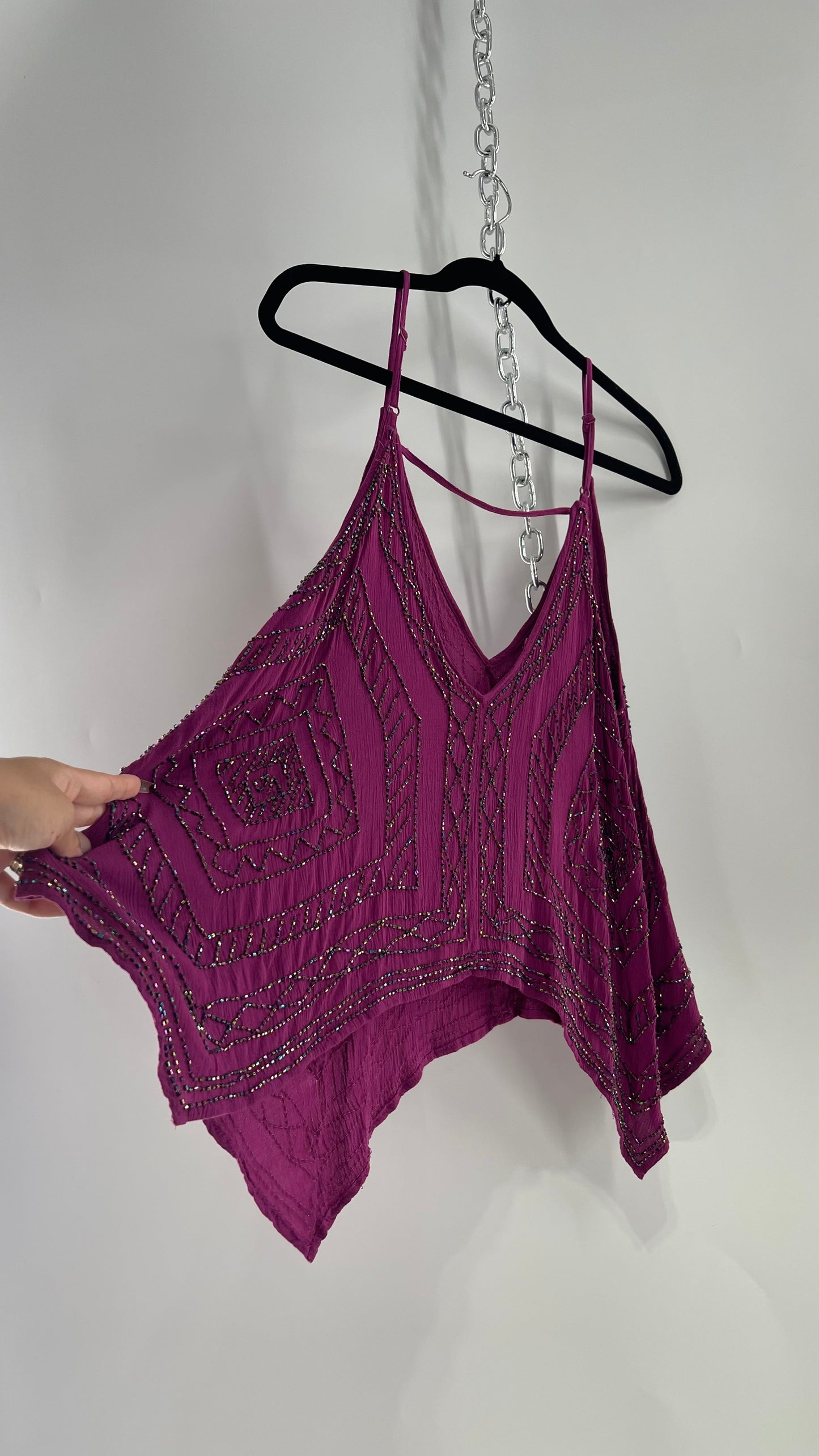 Free People Purple Beaded Handkerchief Hem Tank (Small)