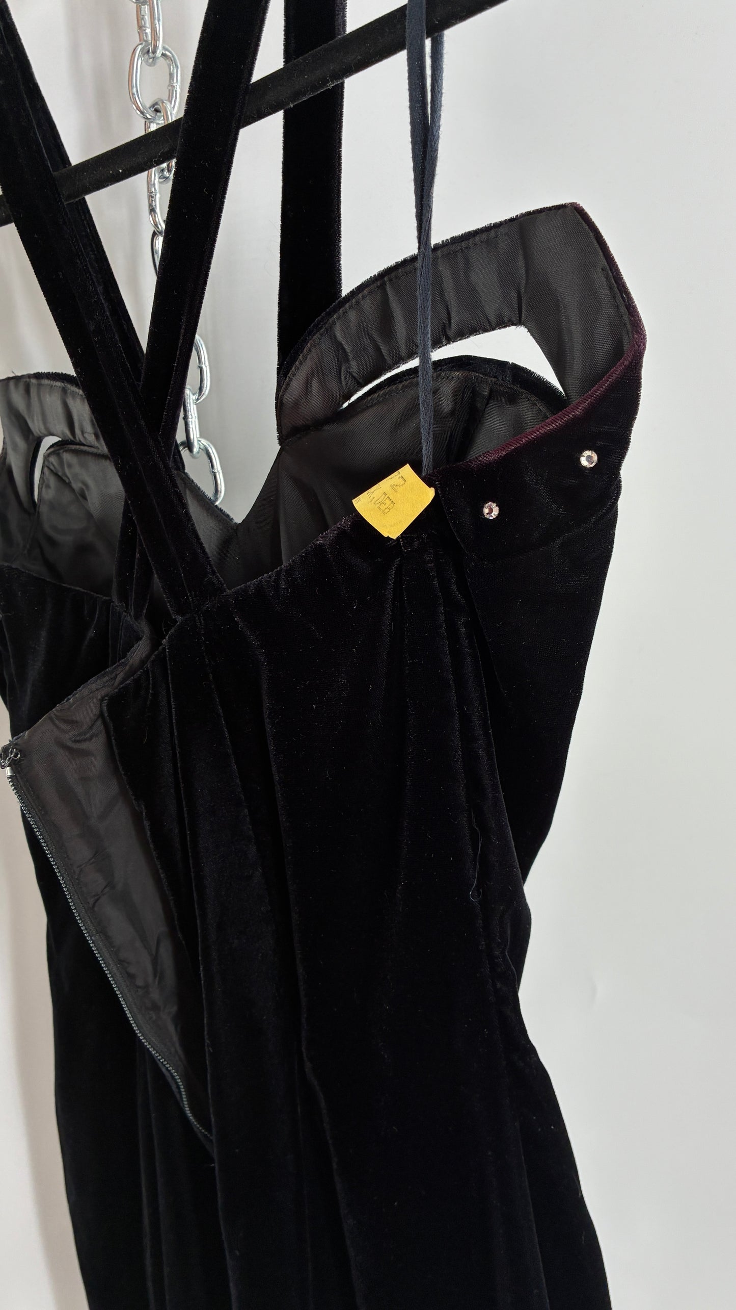 Vintage Handmade Velvet Gown with Pointed Bust Lined in Rhinestones and Dramatic Side Slit (S/M)