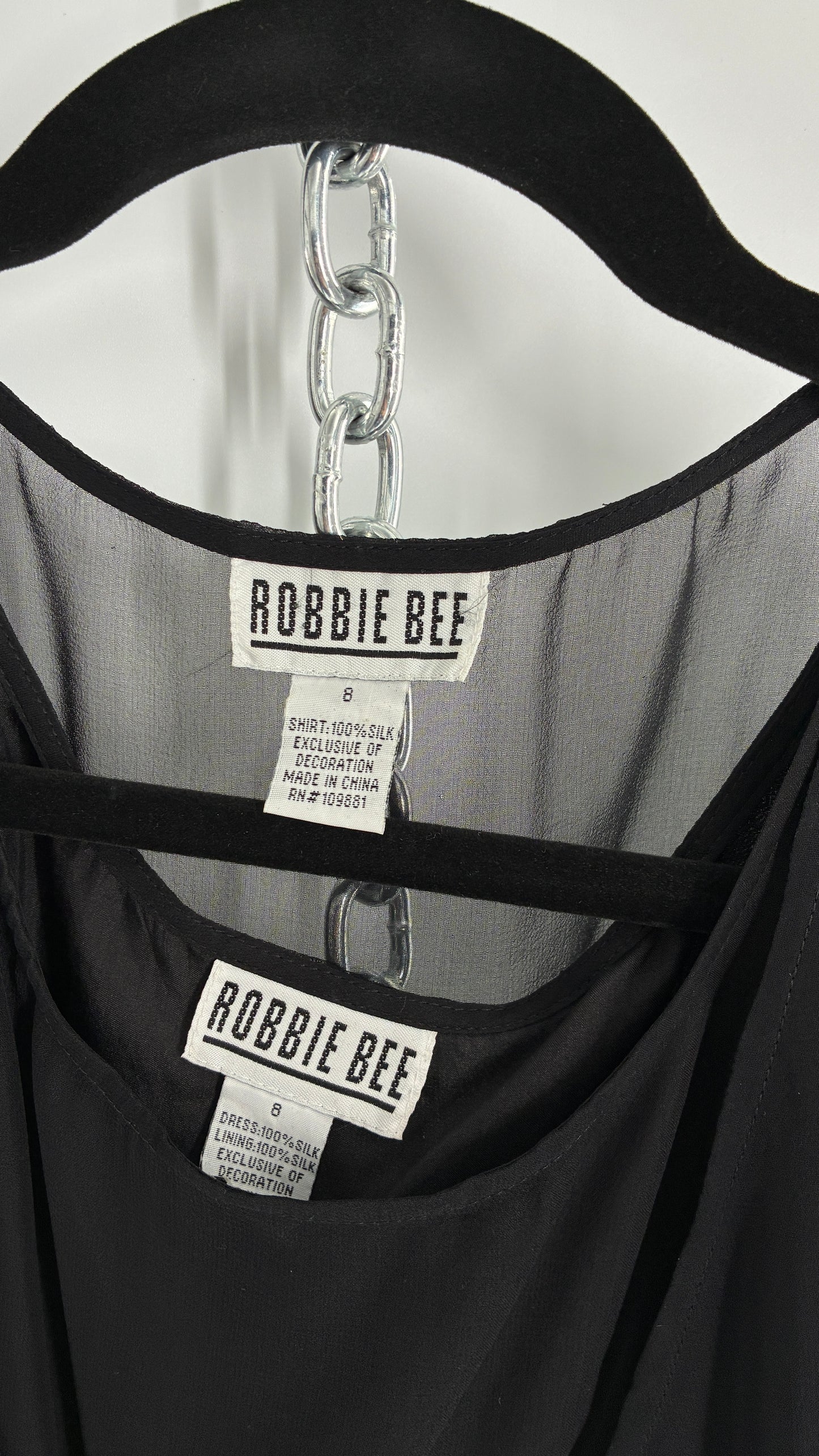 Vintage 1990s ROBBIE BEE 100% Silk Black Gown with Underbust Stitch and Matching Tie Bust Blouse (8)