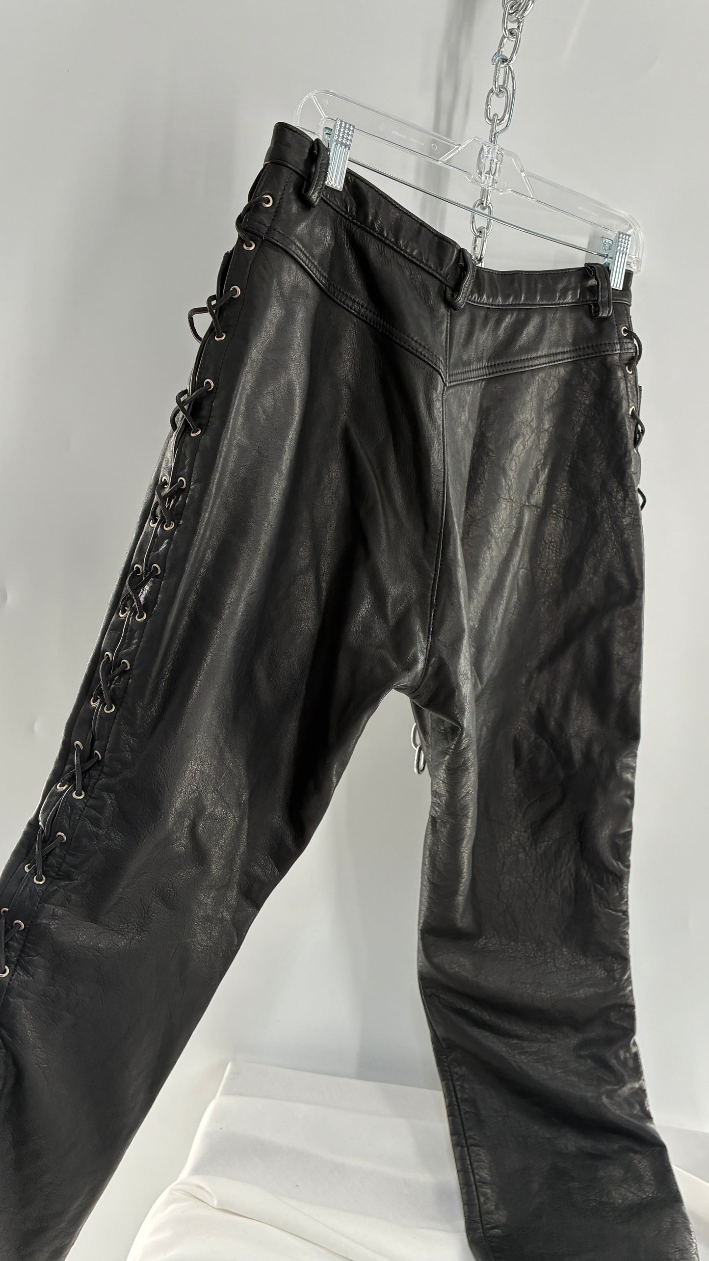 Vintage Thick Ultra Soft Black Leather Pants with Tie Up Sides (Medium)